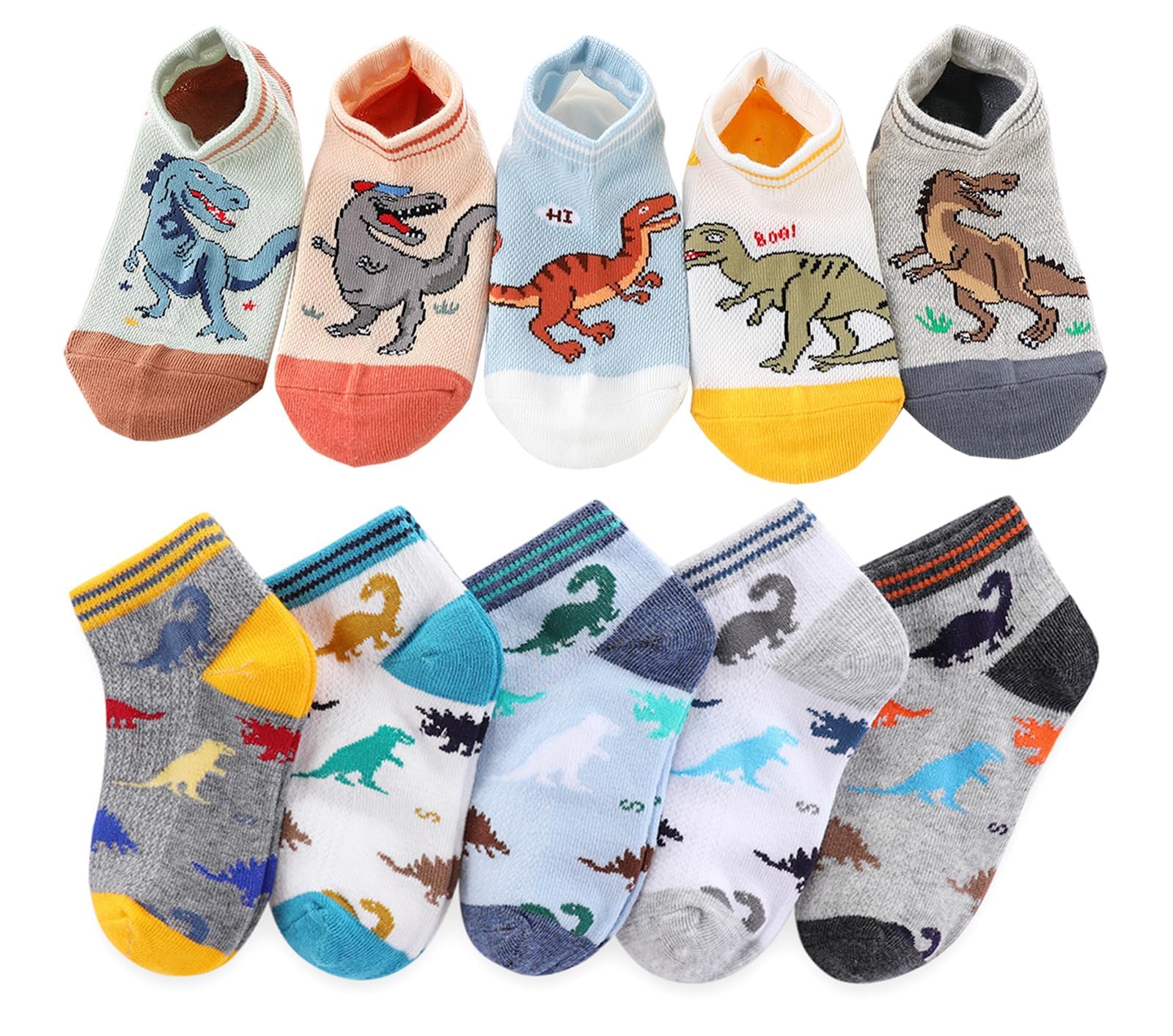 CHUNG Calcetines tobilleros de algodón para niños, paquete de 5/10 unidades, corte bajo, malla de dinosaurio, 2-9 años, peso ligero, para la vuelta a la escuela, correr, deportes, casual