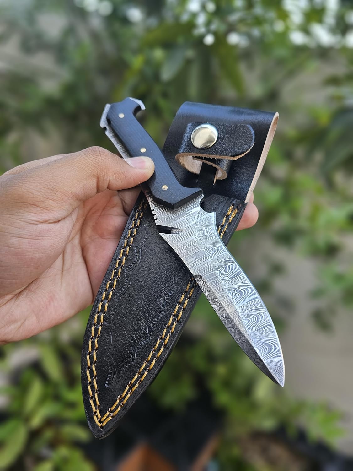 RE4 Jack Krauser Knife Replica – Handmade Damascus Steel Hunting & Tactical Knife – Micarta Handle with Leather Sheath – Gift for Gamers & Knife Collectors