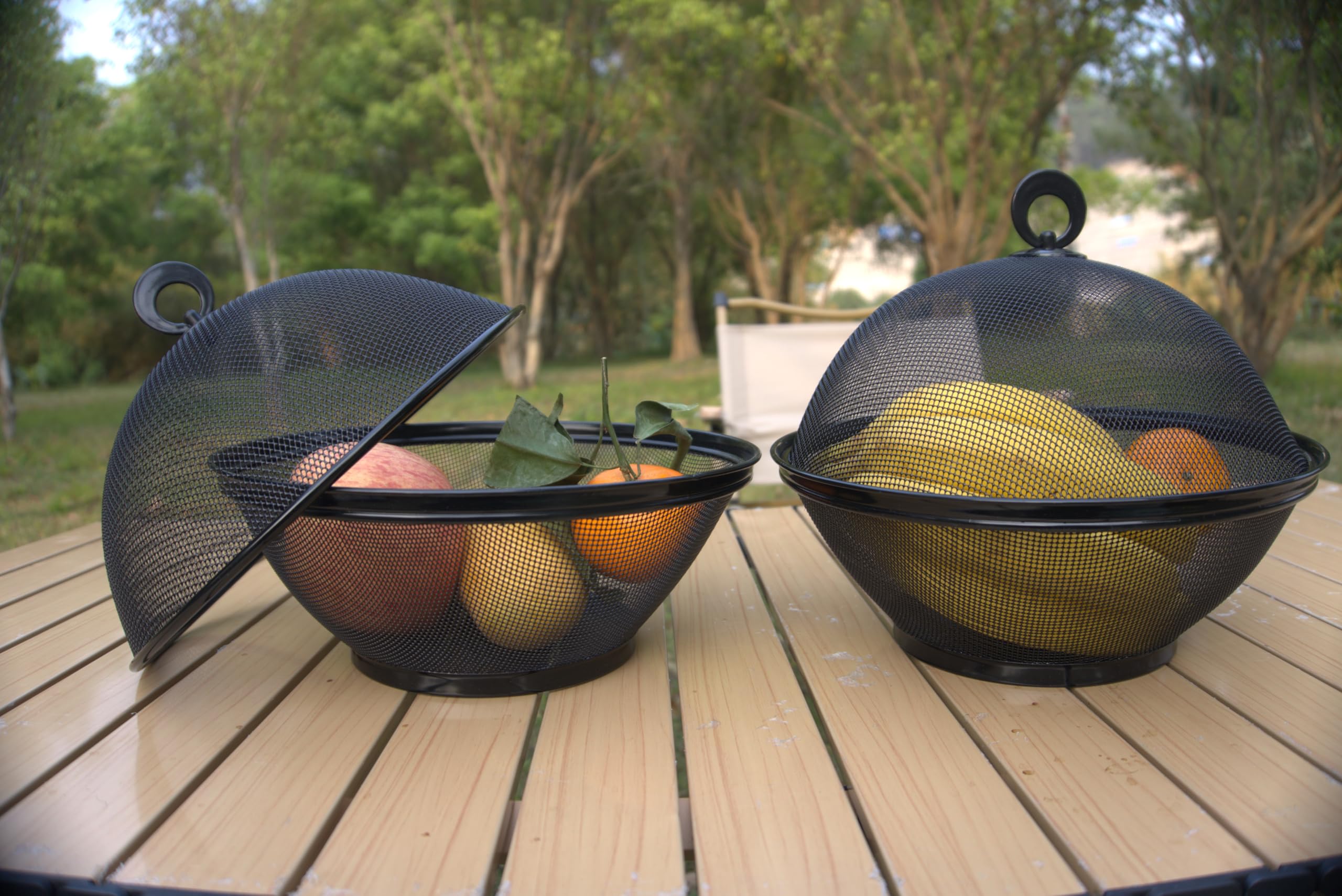 Lot de 2 Paniers à Fruits avec Couvercle - Corbeille à Fruits Anti Moucherons en Métal Maille - Panier de Rangement Ventilé pour Cuisine, Comptoir, Fruits et Légumes (Noir)
