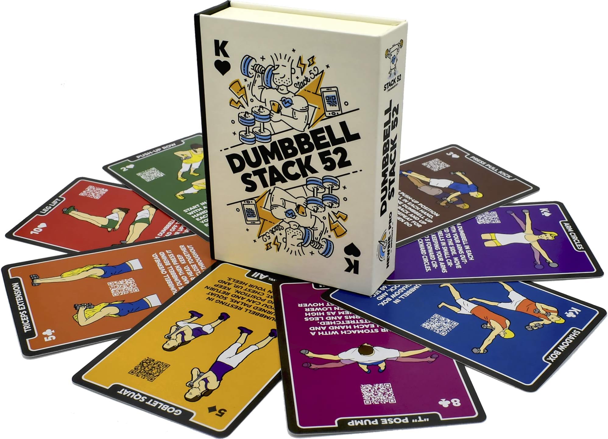 Stack 52 Dumbbell Exercise Cards. Workout Playing Card Game. Video Instructions Included. Perfect for Training with Adjustable Free Weight Sets and Home Gym Fitness. (2019 Base Deck)