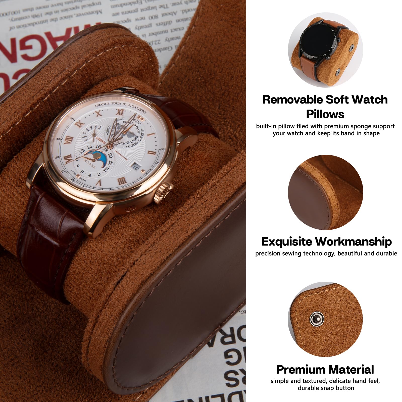 1 Slots Zylindrische Uhrenbox, Uhrenrolle Reisetasche Vintage Uhrengehäuse für Männer Frauen - Braun Upgrade-Version