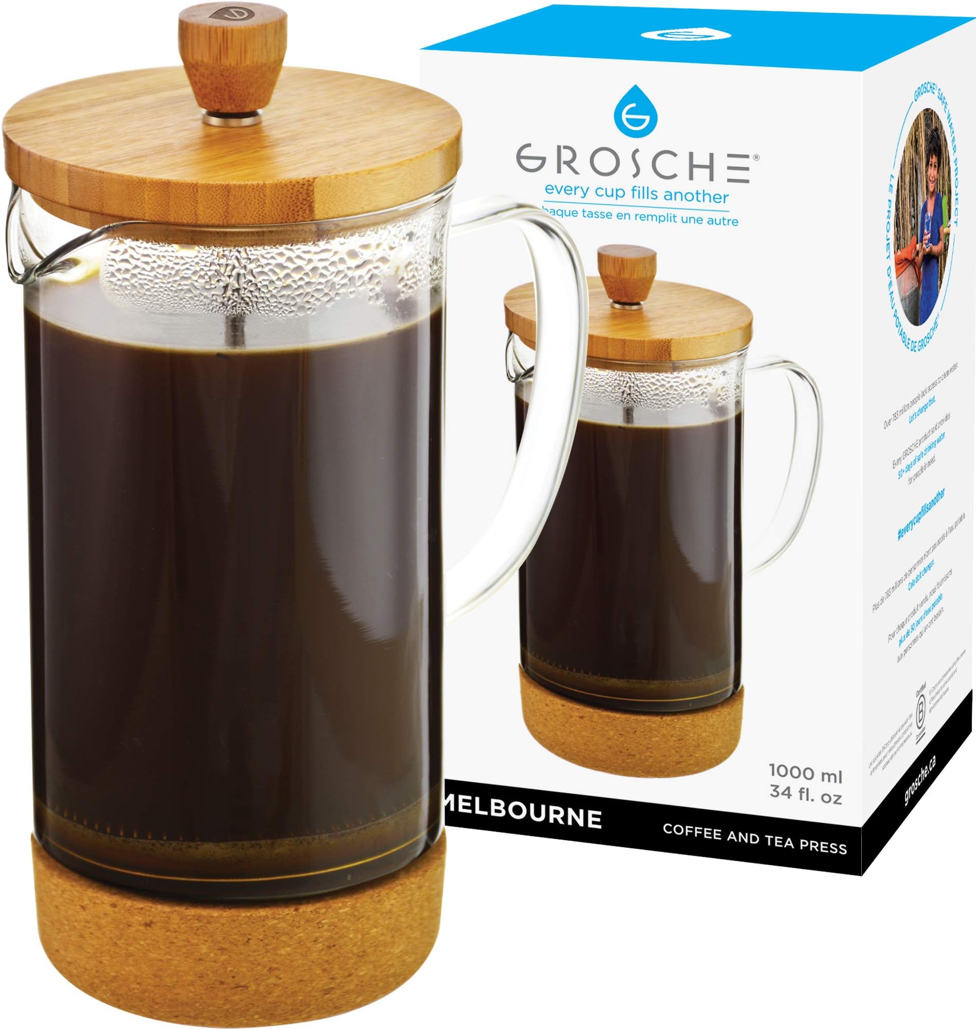 GROSCHE - Melbourne Premium French Press Coffee & Tea Maker (34 oz) with Bamboo Lid And Cork Base | Stylish Design | Coffee Maker | Tea Maker | Cold Brew | Borosilicate Glass