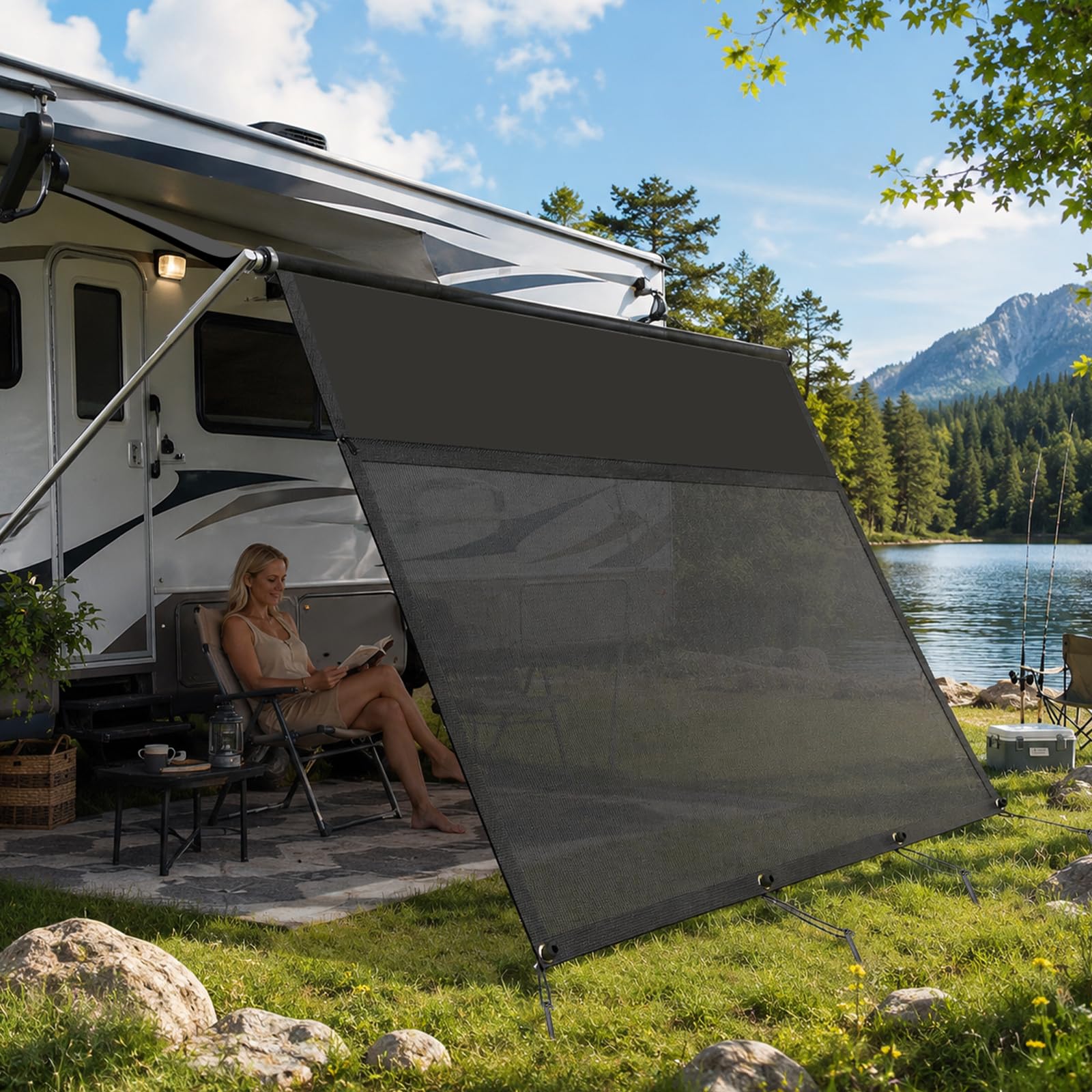 Wohnmobil Markise Sonnenschutz mit Reißverschluss | Panoramafenster Stoff & Netz | RV Markisen Sichtschutz Sonnensegel Komplettset inkl.Heringen & Zubehör | 2,4 m Hoch (Universal für Camper, Wohnwagen