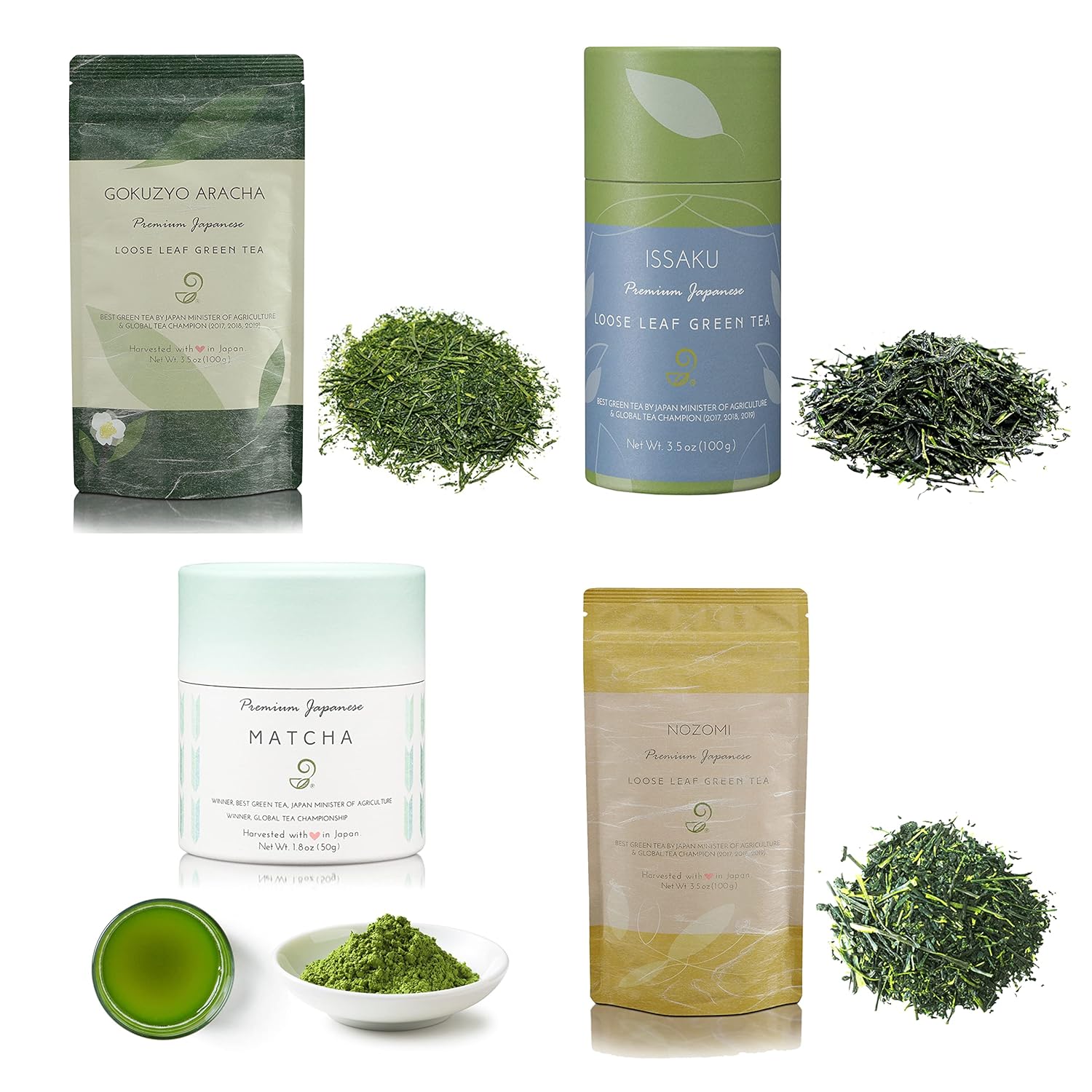Matcha, Nozomi, Issaku and Gokuzyo Aracha Tea Assortment from Japanese Green Tea Co - Single Origin All-Natural Japanese Tea Set – Non-GMO, No Sugar – Ideal for Tea Lovers