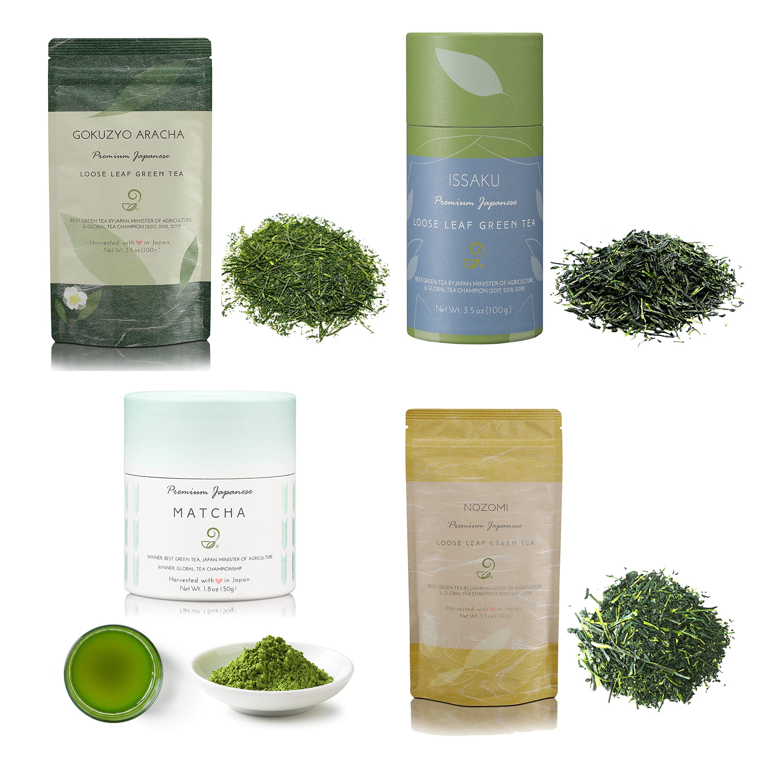 Matcha Nozomi Issaku and Gokuzyo Aracha Tea Assortment from Japanese Green Tea Co - Single Origin All-Natural Japanese