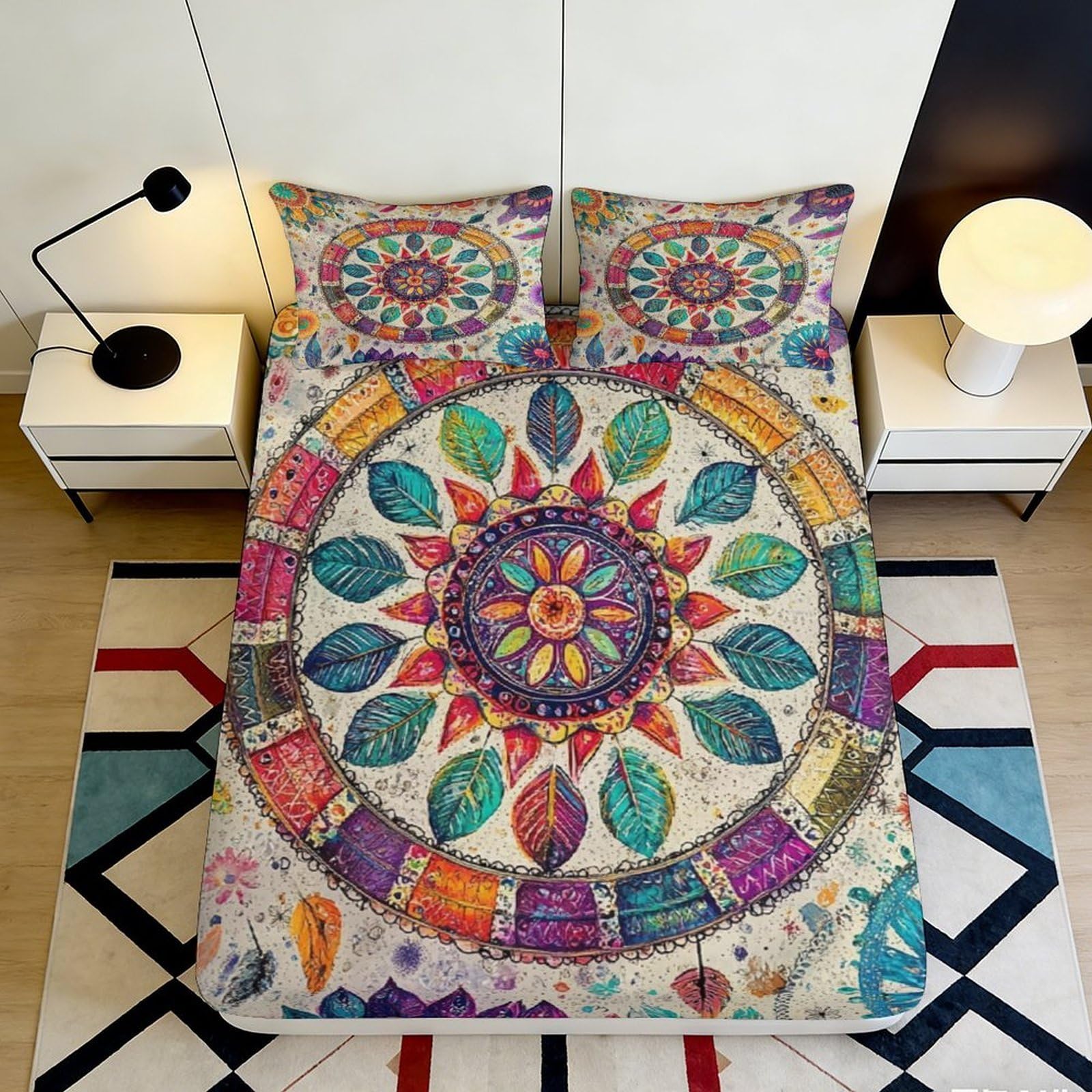 3D Printed Mandala Boho Fitted Sheet Microfiber Soft Multicolor Geometric Floral Mattress Cover for Bedroom Guestroom Dorm Decor 90x200x25cm