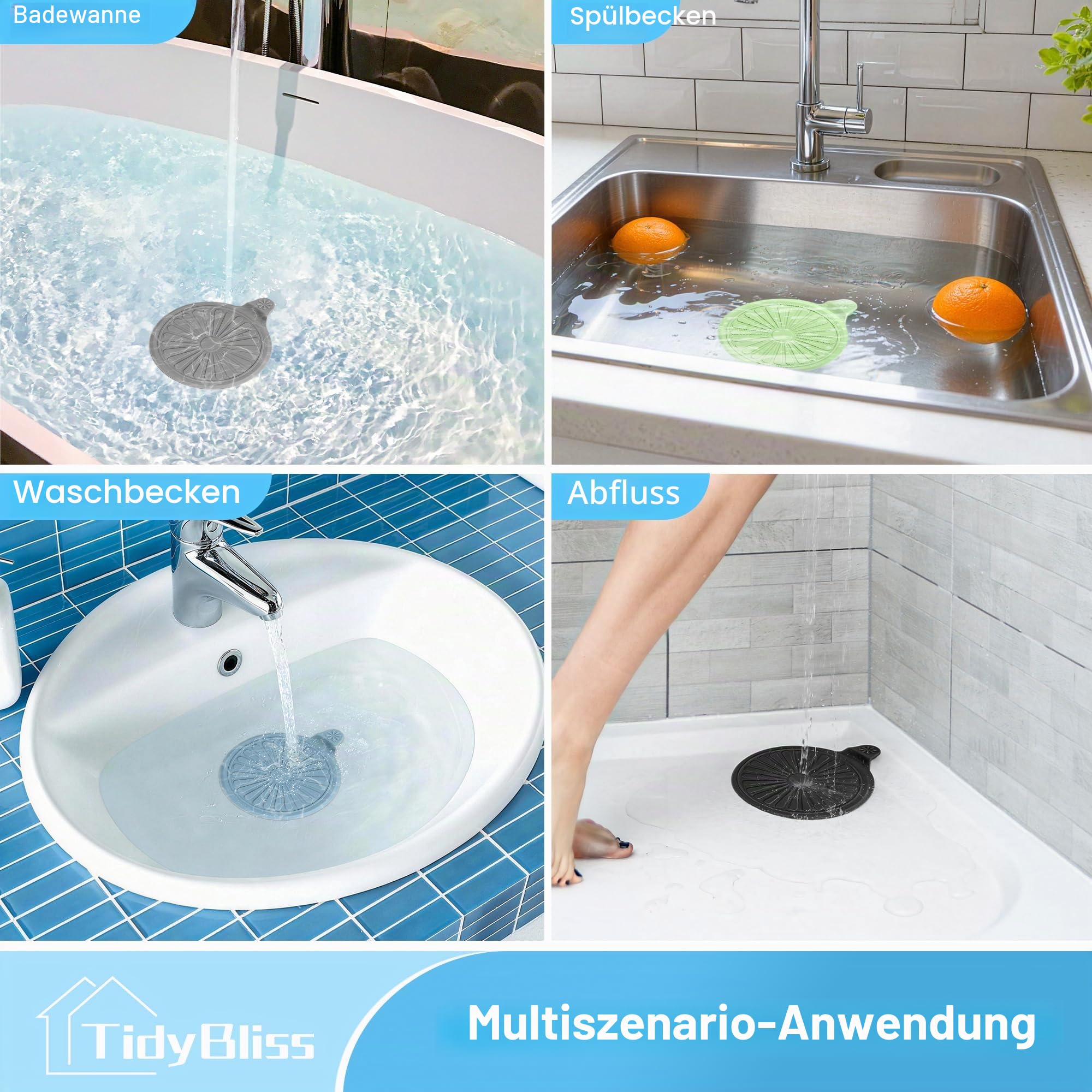 TidyBliss Abflussstopfen Badewanne 4 Stück, Silikon Stöpsel Dusche für Wasser- und Haarstopp, Universal Badewannenstöpsel aus Dusche Waschbecken Badezimmer Wäscherei Küche