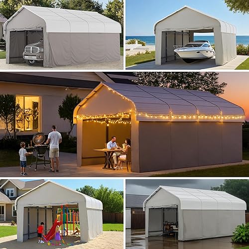 Miniatura 2 de SUNJOY Gambrel - Cenador de techo rígido de 12 x 20 pies con carcasa de tela y paredes laterales, garaje resistente con techo y marco de acero