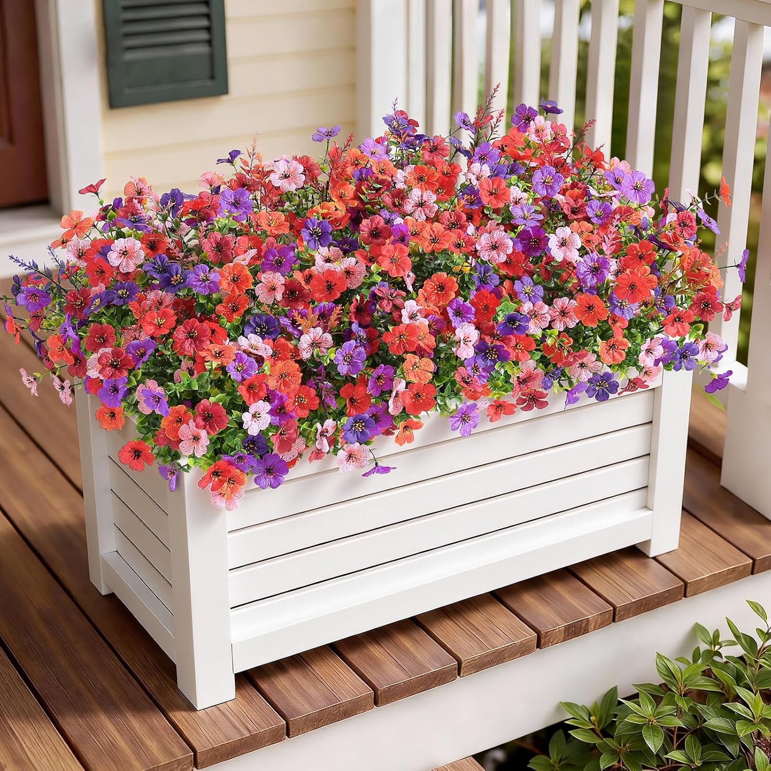 SHareconn 24 Bundles Artificial Flowers for Outdoors Decoration, Faux Plants Fake Silk Colorful Daisy Eucalyptus Lavender, UV Resistant for Outside Home Porch Indoor Spring Decor, 6 Colors incl. Brown