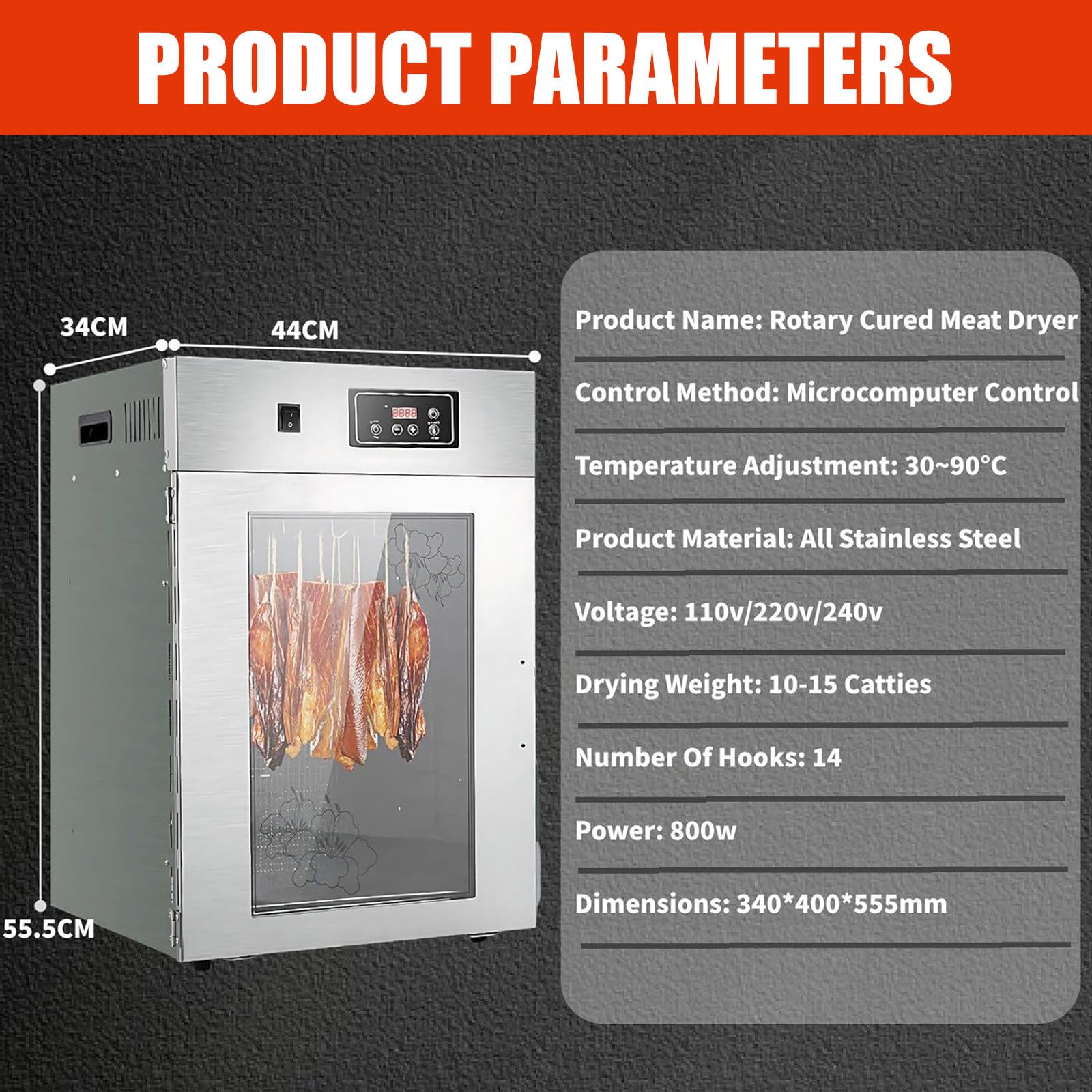 Elektrischer Trockenschrank Für Fleisch Edelstahl Mit LED Anzeige,Dry Aged Reifeschrank Mit 14 Haken,Temperaturregelung 30-90℃ Und 24 Stunden Timer Für Trockenfleisch,Wurst 7.5kg