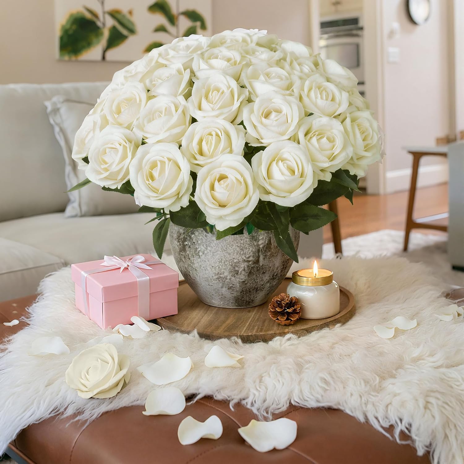 50 PCS Ivory Roses Artificial Flowers, Fake Roses with Stem Realistic Silk Roses for DIY Wedding Bouquets Tables Centerpieces Arrangements Baby Shower Birthday Home Decor Valentine's Day Gift for Her
