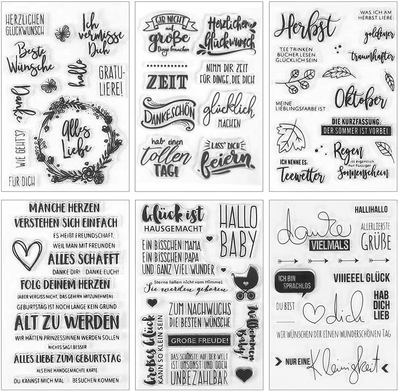 Silikonstempel Sprüche Deutsch Set,6 Blätter Geburtstag Stempel,Clear Stamps Glückwünsche,Blumen Clearstamp Set für DIY Bullet Journal Scrapbooking Fotoalbum Stempelset