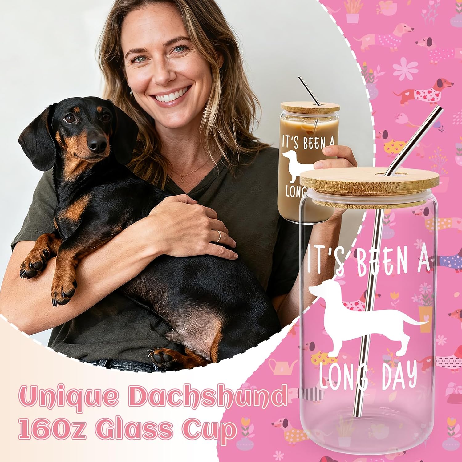 11 PCS Dachshund Gifts for Women Weiner Dog Gift for Women Funny Gifts for Dog Lovers with Glass Cup Canvas Bag Makeup Bag Kitchen Towels Socks Keychain for Birthday Christmas Mother's Day - Image 4