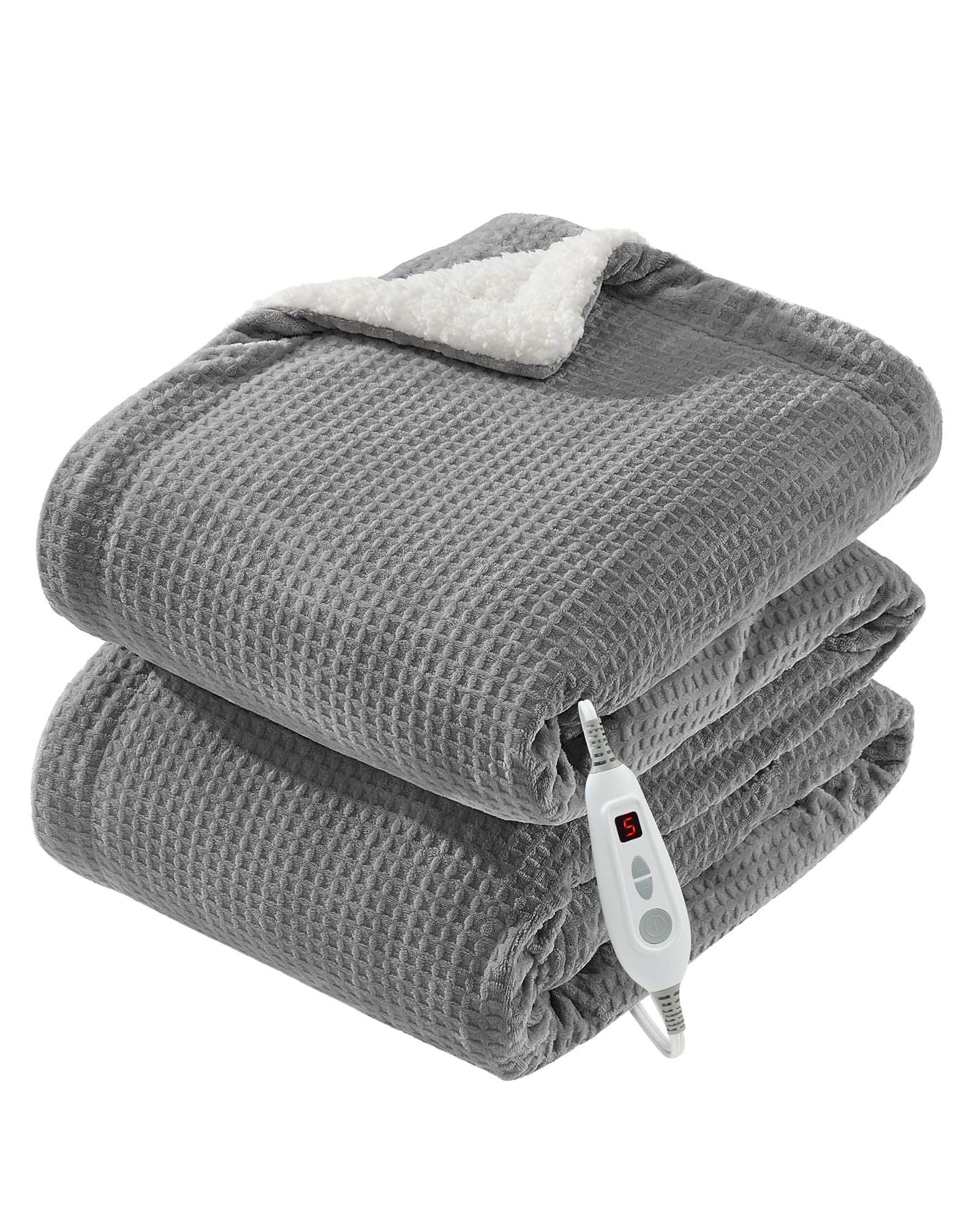 Luxury Heated Blanket, Electric Throw Blanket with Double-Sided Embossed Waffel Flannel, 6 Heat Settings, LCD Controller, 10-Hour Auto Shut-Off, Machine Washable Heating Blanket, 180 x 200 cm, Grey