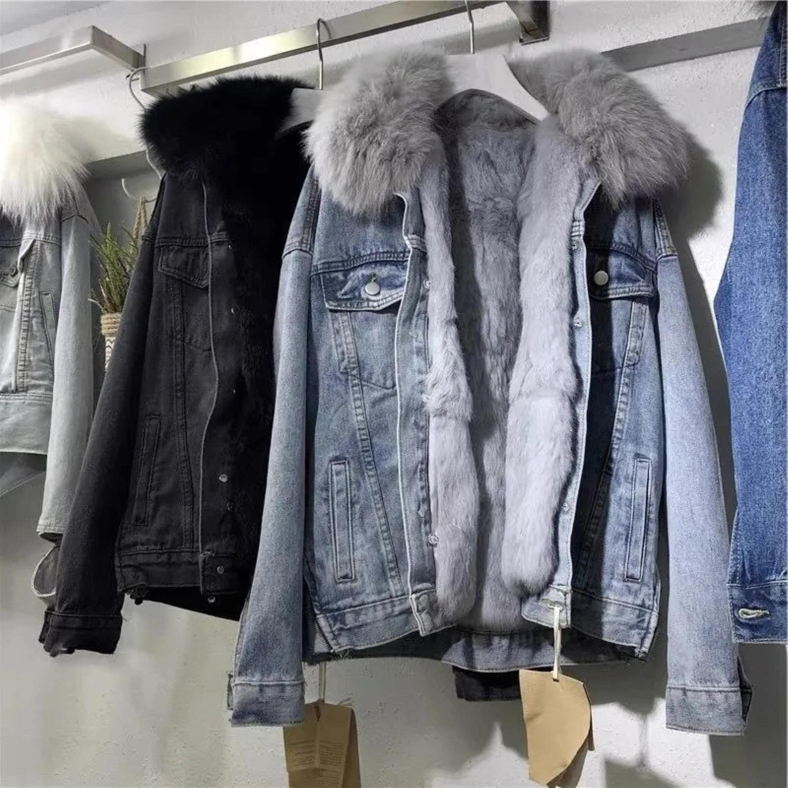 Ropa de Invierno de Las Mujeres algodón Vintage Grueso Abrigo de Mezclilla cálido Mujer Chaqueta de Mezclilla granizada Collar de Piel Suelta más Terciopelo Jean Parkas-Light Blue,L