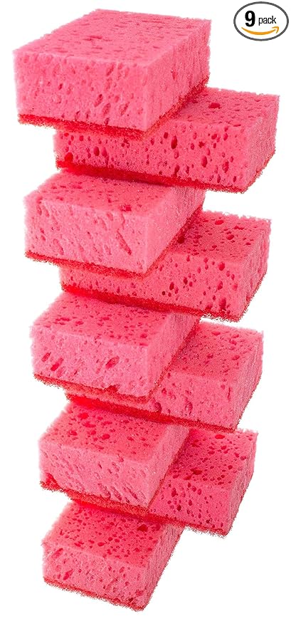 Okleen Pink Multi Use Scrub Sponge for Daily Cleaning. Made in Europe. 9 Pack, 4.3x2.8x1.4 inches. Odorless Heavy Duty and Non Scratch Fiber. Durable and Delicate Scrubber of Hard Dirty