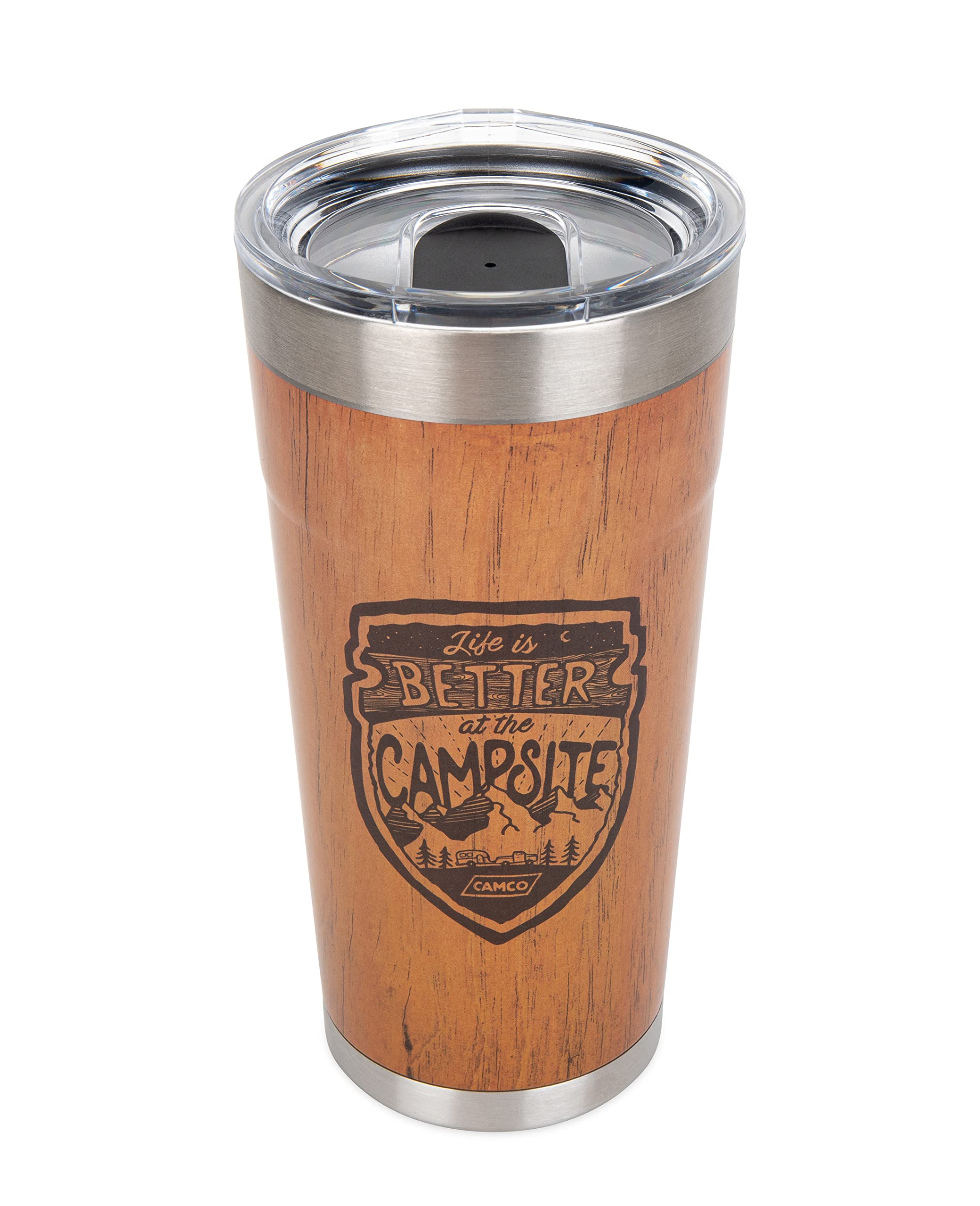 Gobelet motif grain de bois Camco 591 ml avec logo effet brûlé pour boissons chaudes et froides