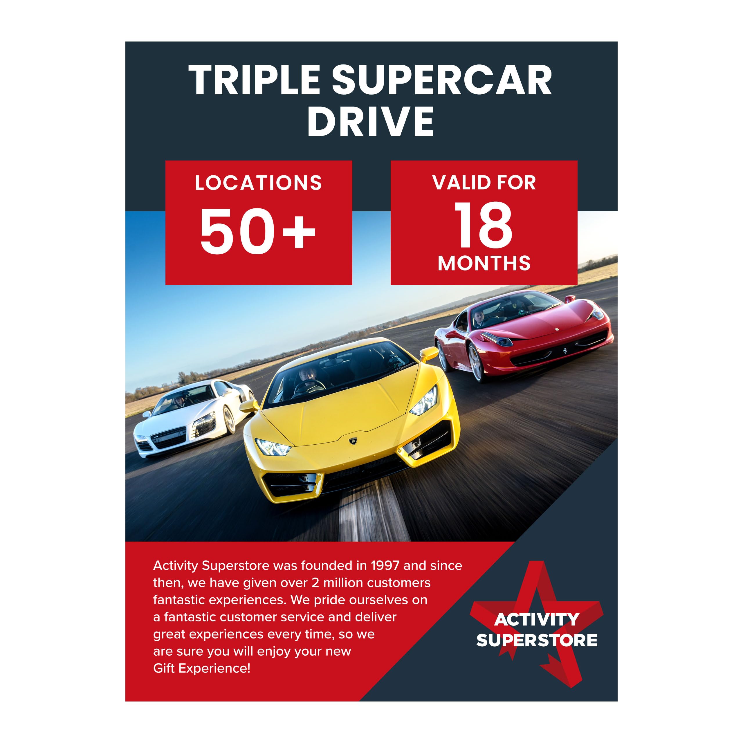 Activity Superstore Triple Supercar Drive Gift Voucher – Ferrari, Lamborghini, Aston Martin & More – Available at 50+ UK Locations – 18 Month Validity – Unforgettable Gift Experience & Driving Gifts