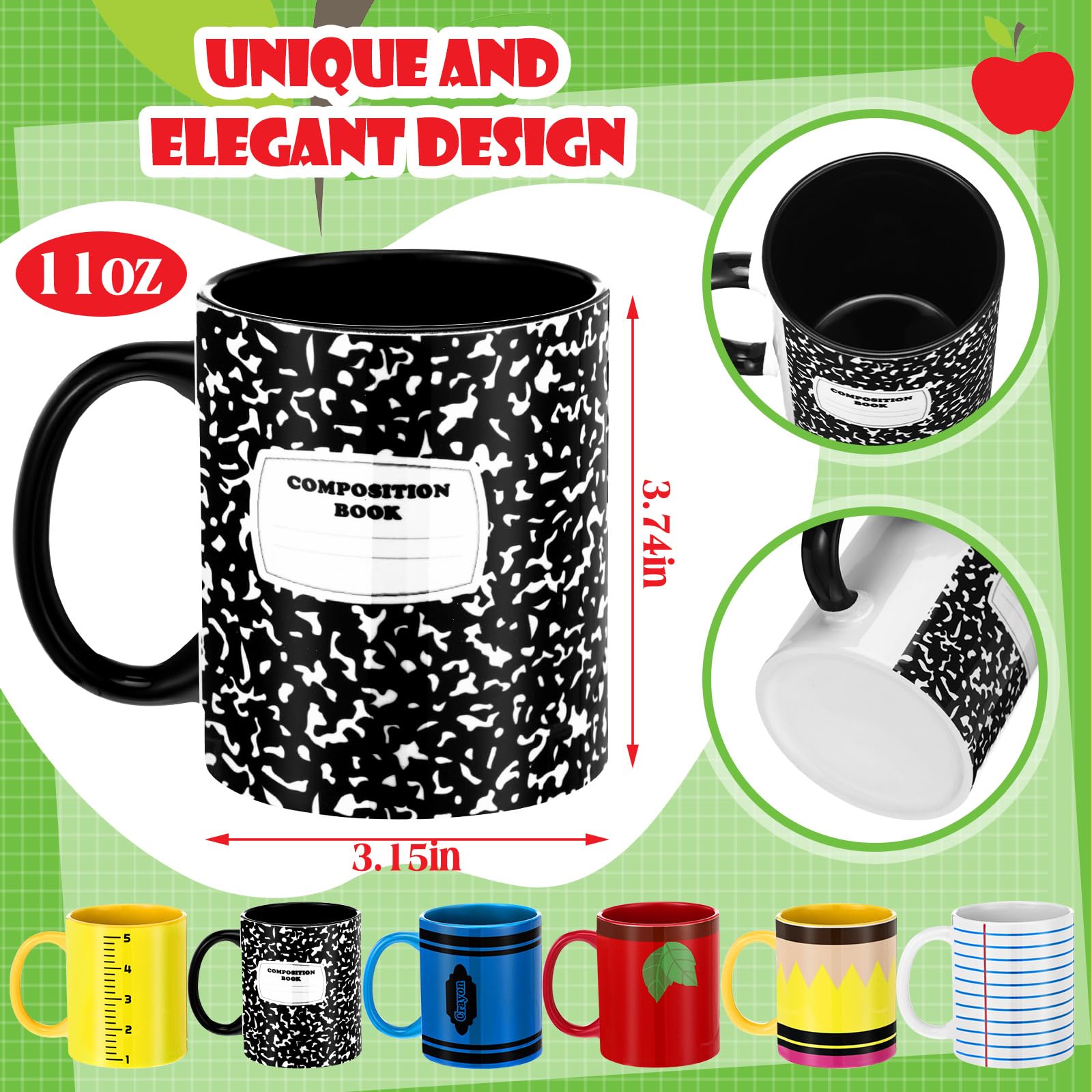 Lot de 6 tasses à café en céramique avec poignées pour enseignant de Noël, Thanksgiving, carnet de notes, design crayon pour maternelle, enseignant primaire - 325 ml