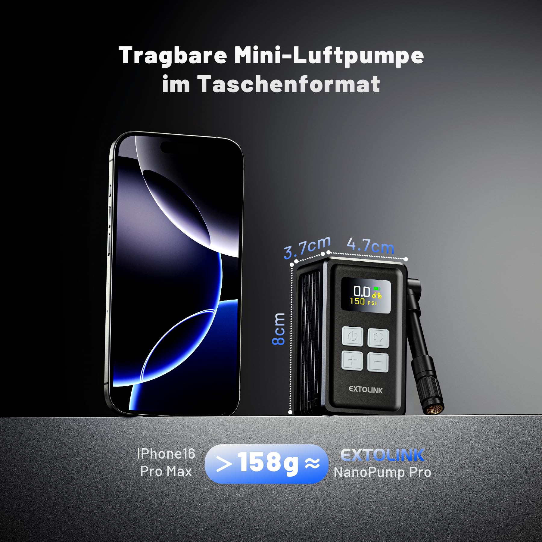 Fahrradpumpe Elektrisch, Max 150 PSI Mini Fahrrad Pumpe mit Digitalanzeige, 360°-Pumpenrohr, 20s Aufblasen Fahrradpumpe mit Amerikanische, Presta-Ventile für Rennräder, Mountainbikes