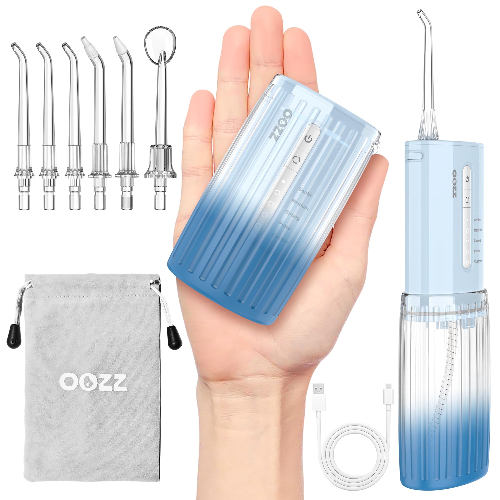 OOZZ Irrigador Bucal de Viaje Inalámbrico 5 Modos 6 Puntas Recargable USB Azul Degradado