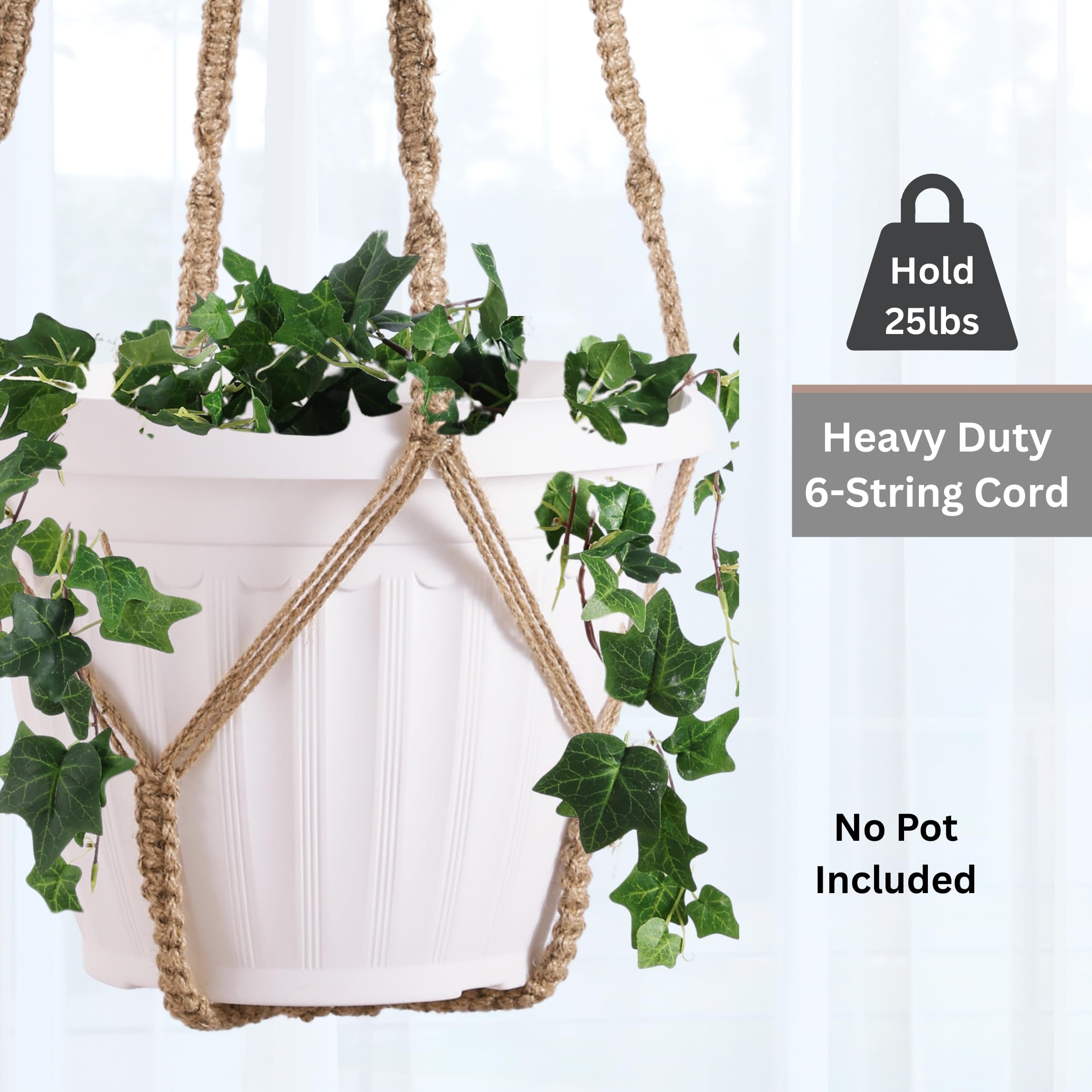 Lot de 2 suspensions géantes XXL de 140 cm en macramé pour pot de 38,1 cm + crochet pour plantes d'intérieur | Pot/plante non inclus (jute XXL)
