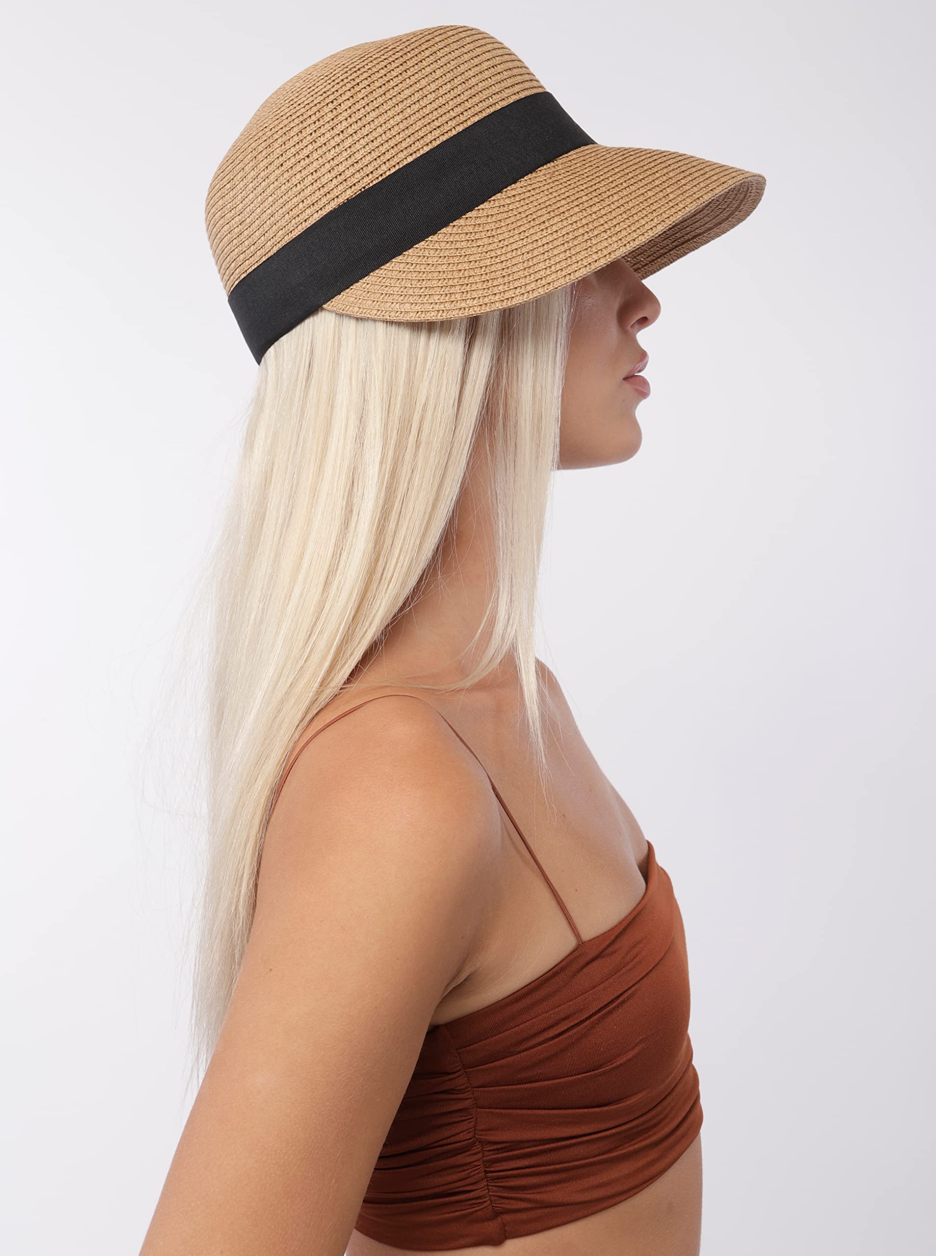 Sombrero Playa Mujer para Sol, Visera Mujer de Paja Papel para el Sol, Pamela Plegable con ala Ancha para Vacaciones y Viaje, Talla única