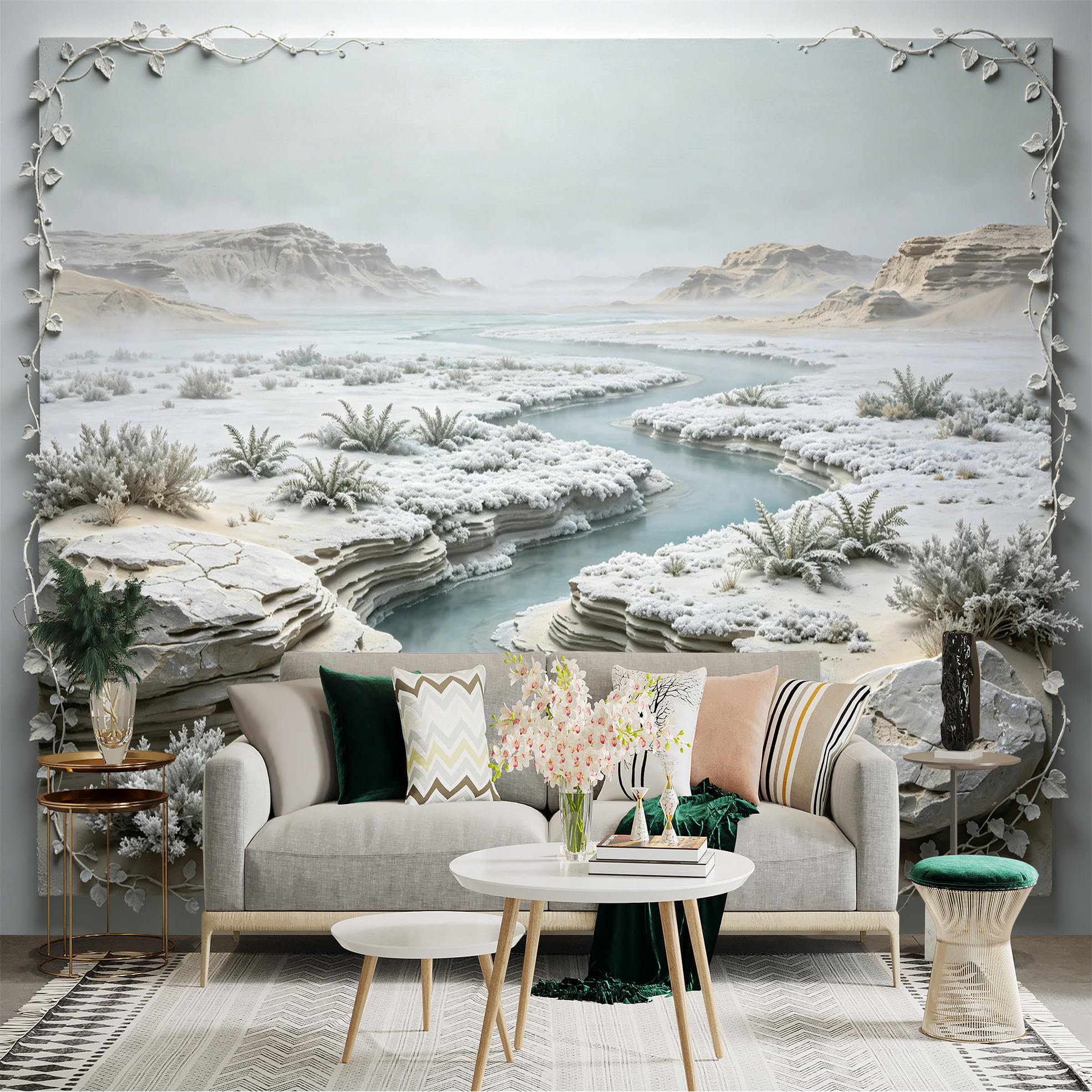 Custom Size Wall Sticker Mural， Frosted Desert Canyon with River and Snowy Plants Landscape， for wall Decoration， peelandstick wall Decals.