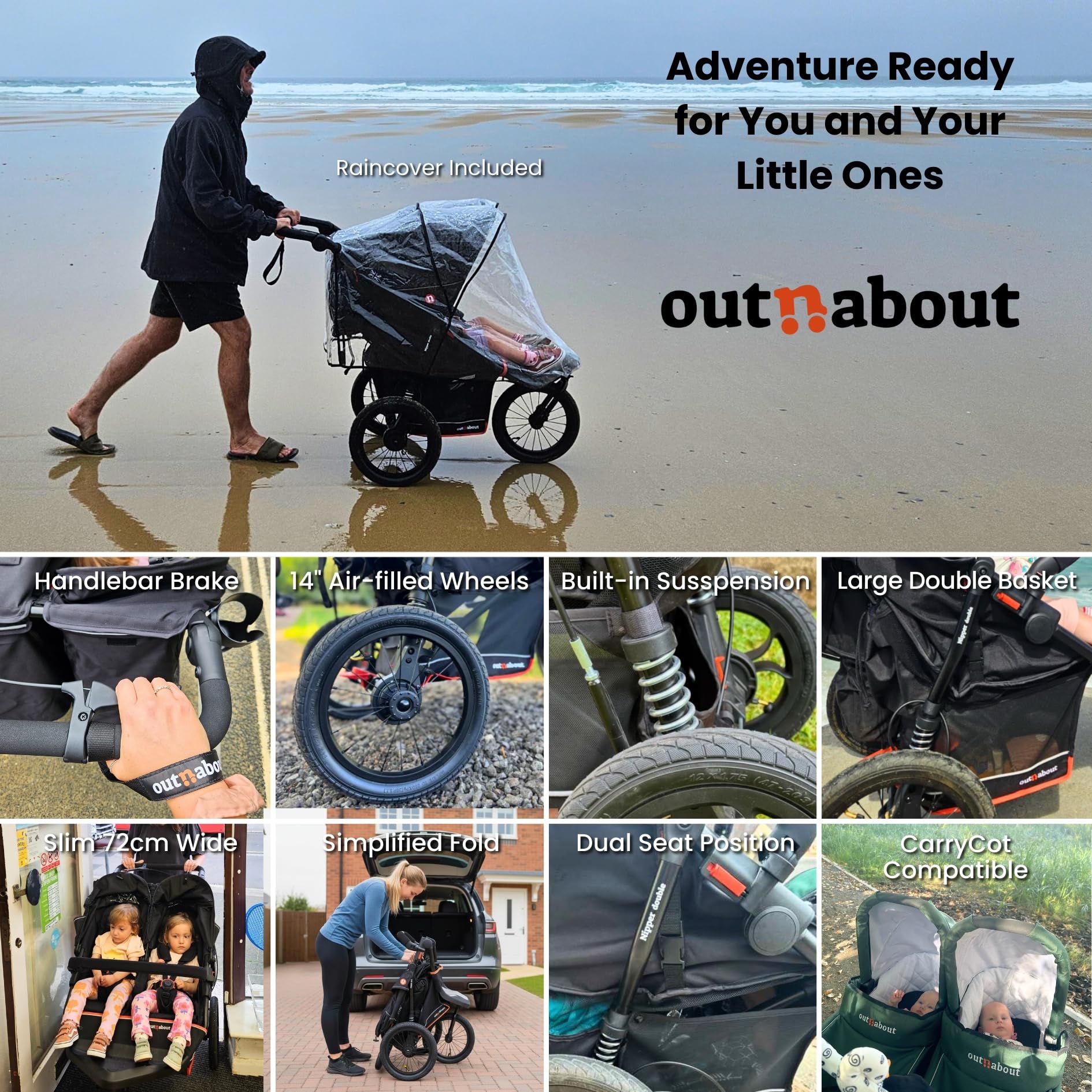 Out'n'About Nipper - Passeggino doppio modello V6+ e parapioggia, passeggino da corsa certificato, leggero per tutti i terreni con una sola mano, doppia carrozzina con sospensioni, ruote gonfiate ad