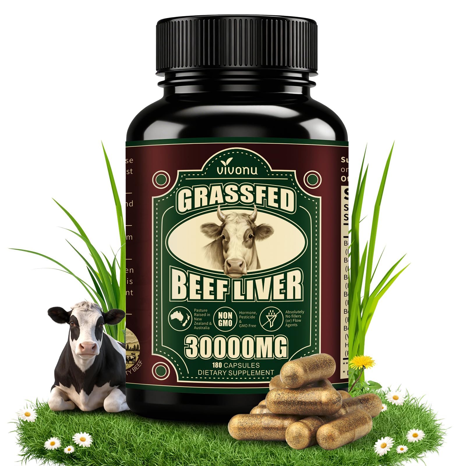 VivoNu Beef Organ Supplement for Women, per Serving Beef Organs with Bovine Liver, Ovary, Uterus, Kidney, Heart, Bone &amp; More, 100% Grass Fed, Balance Hormones*, Energy* (180 Capsules)