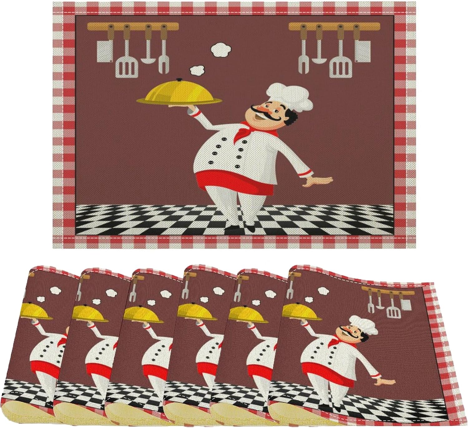 Kitchen Chef Cloth Placemats Set of 6,Retro Cartoon Fat Chef Cook Pattern Linen Table Mats,Heat Resistant Woven Placemats Non-Slip Dining Table Place Mats for Kitchen,Cafe,Home Decor (18" L x 12" W)