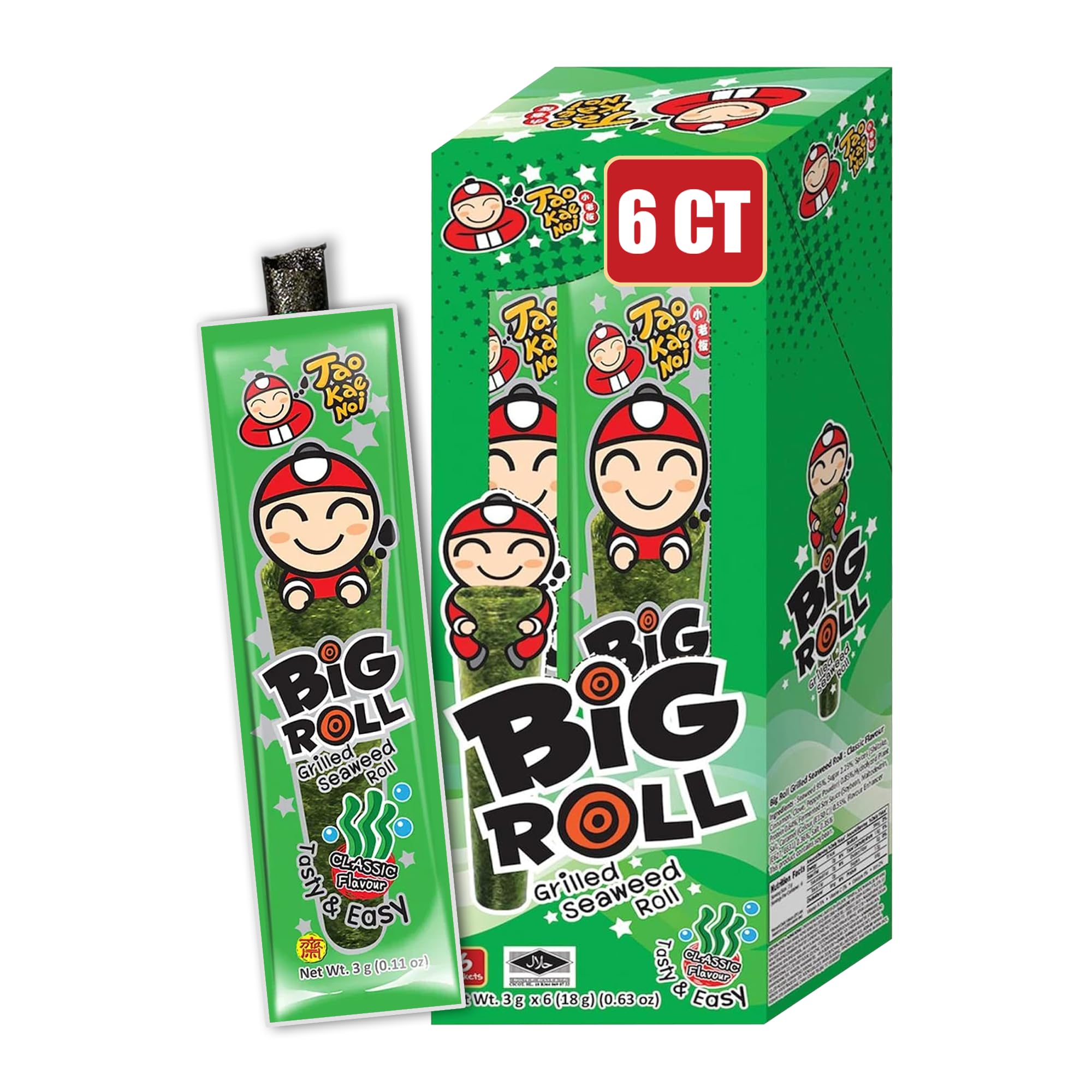 Big Roll Grilled Seaweed Snacks by Tao Kae Noi, Original Flavor Grilled Seaweed Rolls, Healthy Nori Sheet Rolls for Kids and Adults, Nori Snacks, 6 pack, 3g Bags