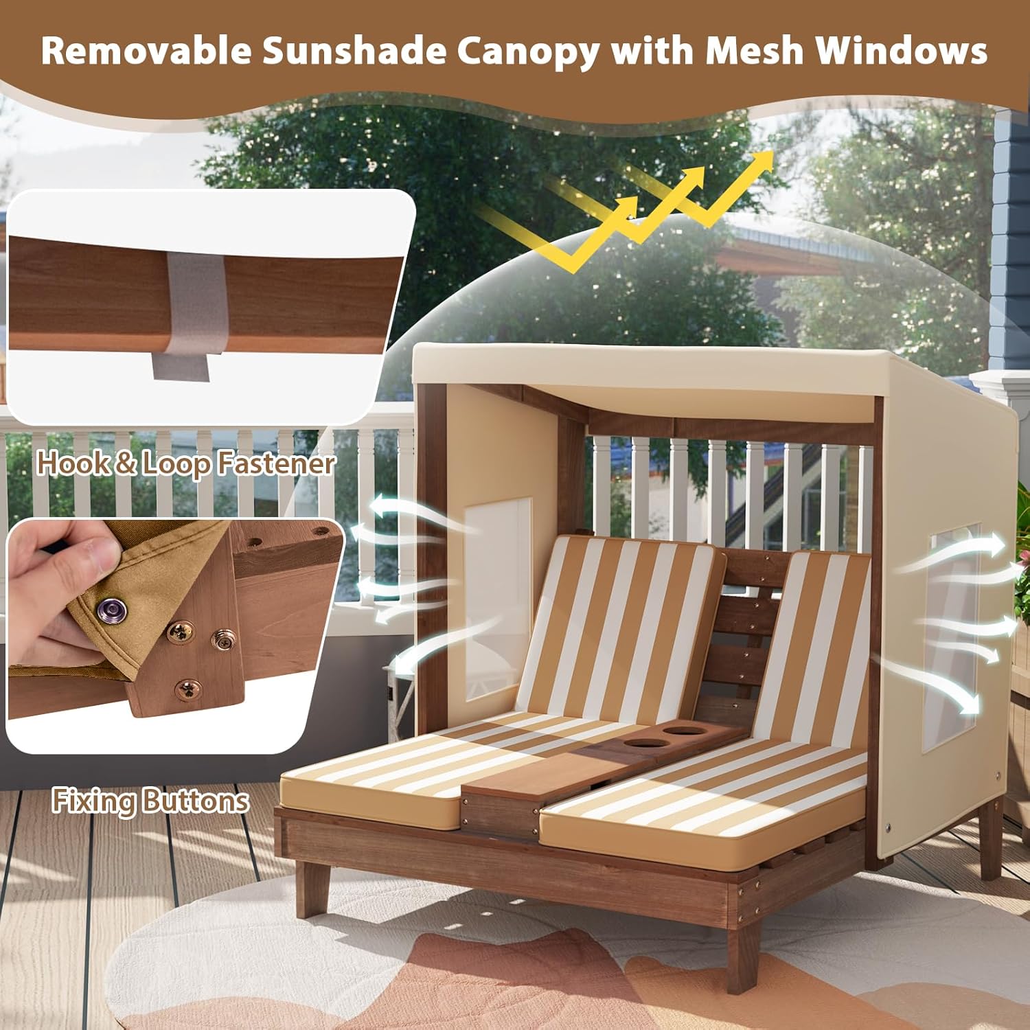 Costzon Kids Lounge Chair Outdoor, Wood Double Seat Chaise Lounge with Canopy, Cup Holders, Cushion, Backrest Recliner, Kids Patio Furniture, Gift for Boys Girls 3-8 Years Old