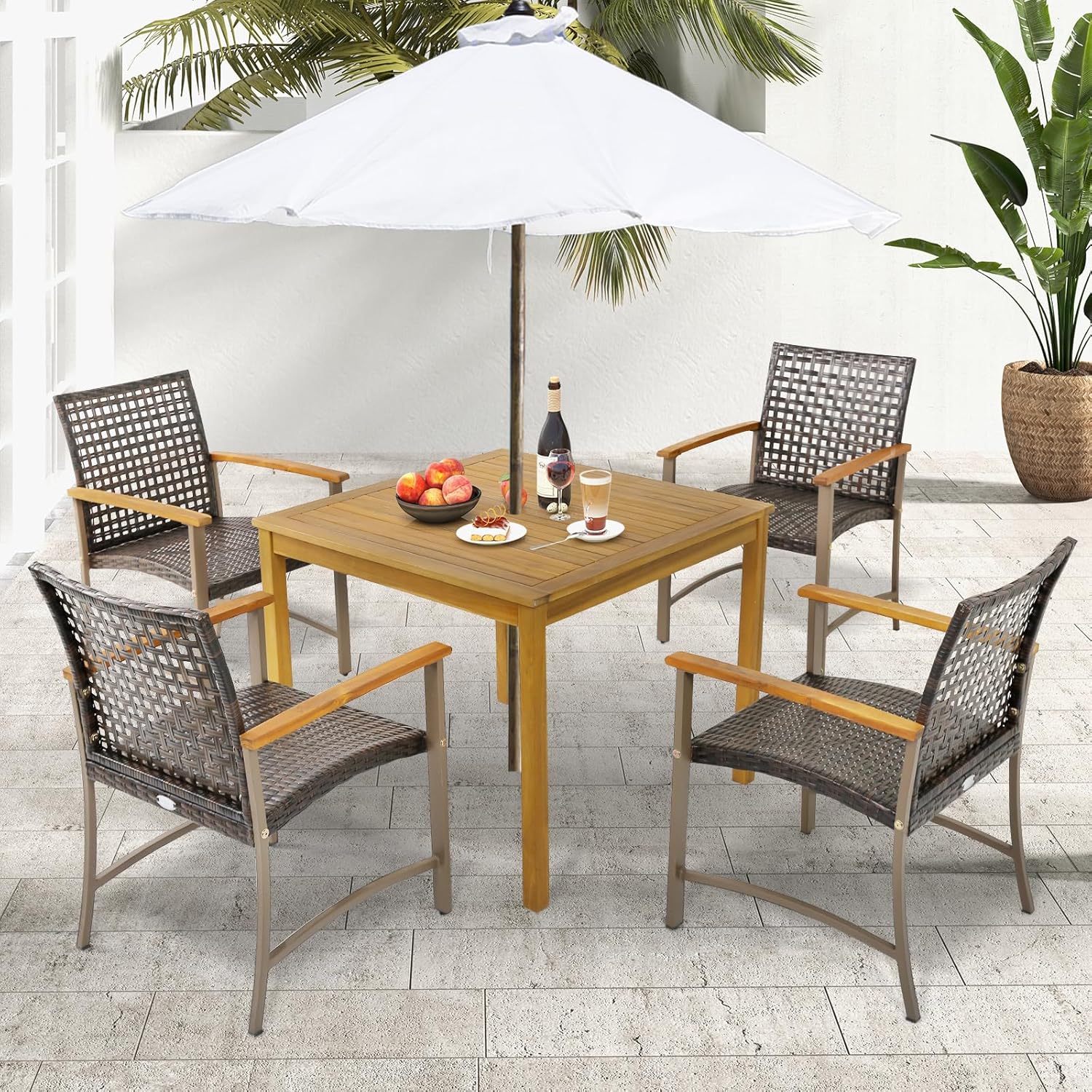 Tangkula 5 Pieces Patio Dining Set, 4 Wicker Armchairs and Square Acacia Wood Dining Table with 1.9” Umbrella Hole, Outdoor Table and Chairs Set for Backyard, Poolside, Garden