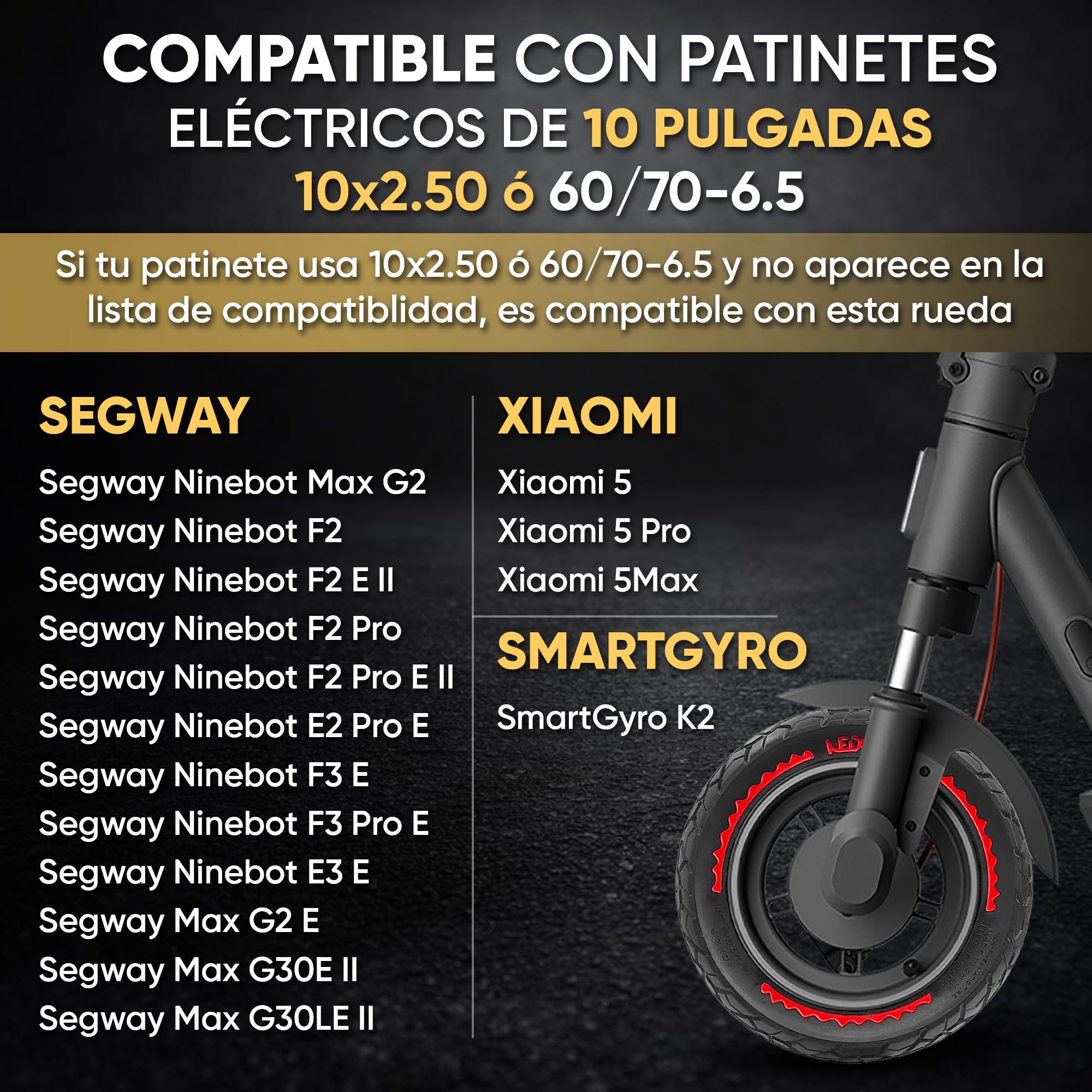 ANSENI Ruote Monopattino 60/70-6.5, Gomme 10 Pollici 10x2.50, Pneumatico Solido Anti-foratura per Scooter Elettrico Xiaomi 5/5 Pro/5 Max,Segway Ninebot E3 E,Ninebot Max G30/G30D,Smartgyro K2 (2 Ruote)