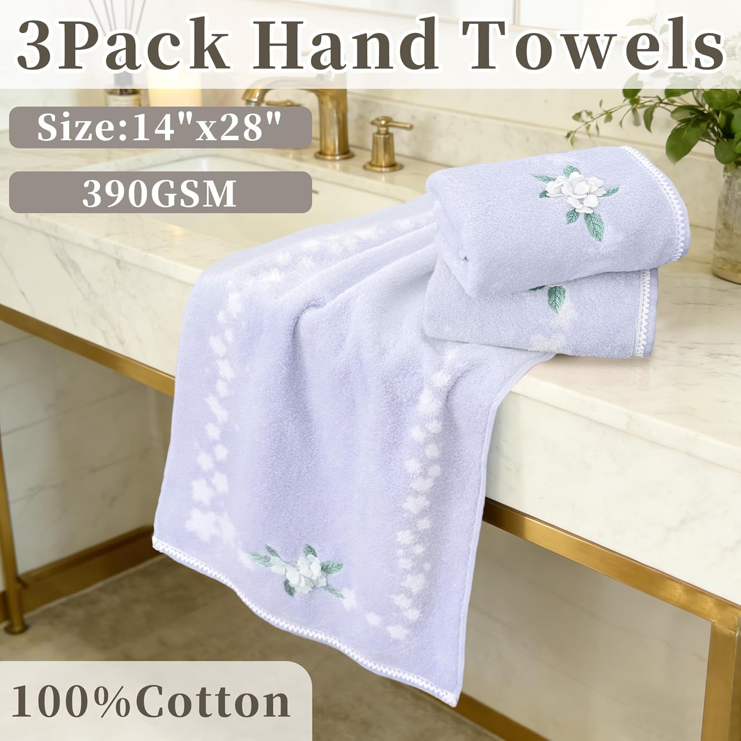 VOOVA & MOVAS Luxury Hand Towels, Bathroom Hand Towels Set of 3, 14"x28" - 100% Cotton | Quick Dry | Absorbent | Light Weight, Soft Towel Set for Showering & Guest, Flower Towel Gift, Purple - Image 2