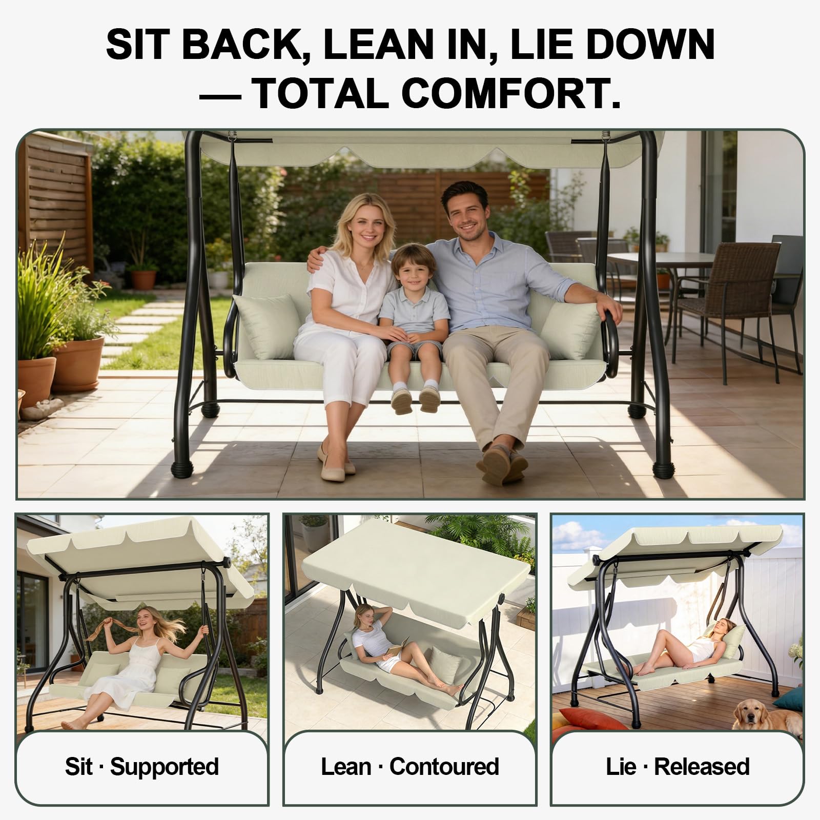 Huracan Balancelle de jardin 3 places, avec fonction allongée, coussin d'assise extra épais et auvent réglable, résistant aux intempéries, chaise longue de jardin, banc à bascule, fauteuil à bascule