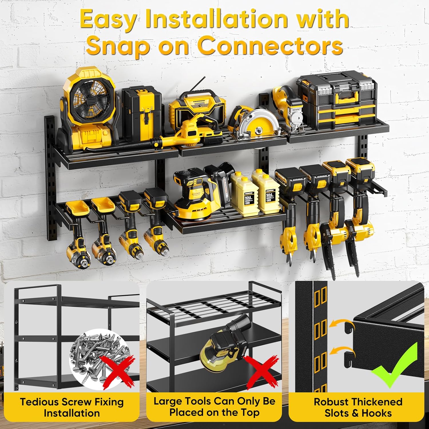 Large Modular Power Tool Organizer Wall Mount With 6 Adjustable Shelf, Heavy Duty Iron Tool Storage Rack Loads 300lbs with 8 Cordless Tools Drill Holder,Battery Utility Rack for Garage Workshop