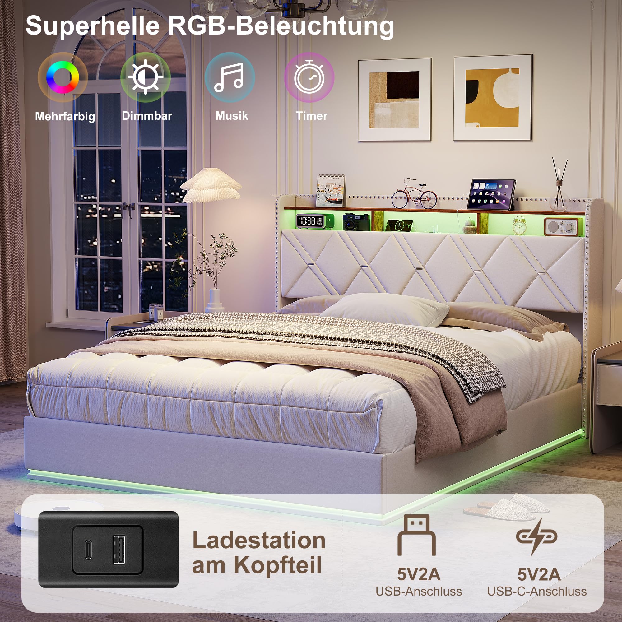 Łóżko 160 x 200 cm, z miejscem do przechowywania, podwójne łóżko tapicerowane ze skrzynią na pościel, łóżko kontynentalne z diodami LED i USB, łóżko młodzieżowe z zagłówkiem, hydrauliczne