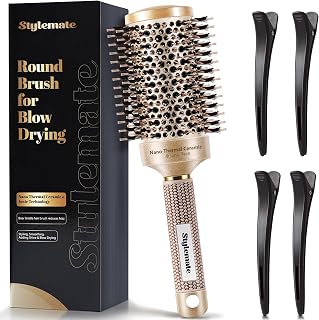 STYLEMATE Round Brush for Blow Out, Nano Thermal Ceramic & Ionic Tech, 2.1 Inch Barrel, Boar Bristles, Roller Brush for Blow Drying and Styling, Gold, Hair Brush for All Hair Types