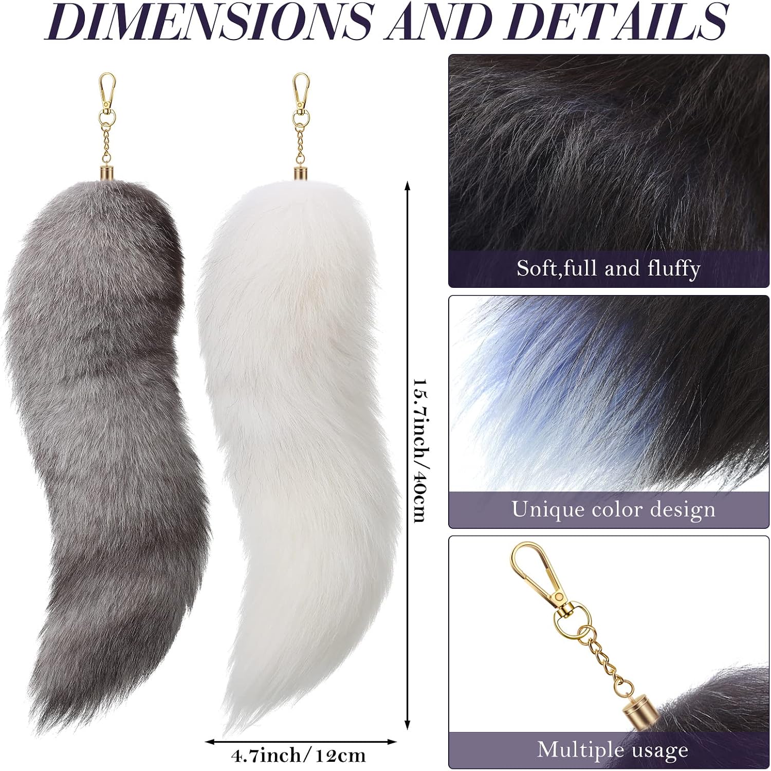 Sureio Therian Fluffy Tail Keychain Real 15.7 Inch Soft Fur Fox Tail Keychain for Women Handbag Cosplay