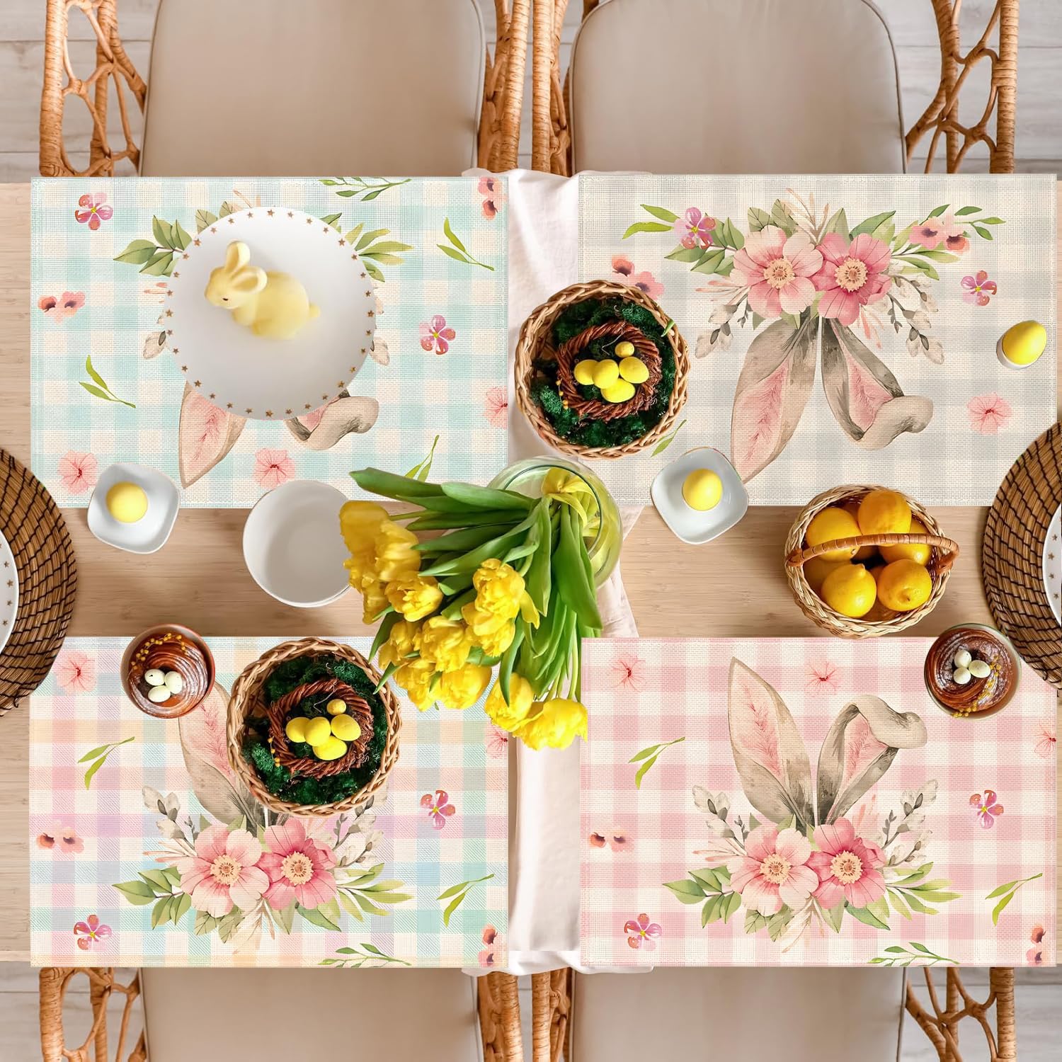 Easter Buffalo Plaid Bunny Ear Floral Placemats Set of 4, Linen Rabbit Place Mats, Colorful Seasonal Spring Table Mats - Image 3