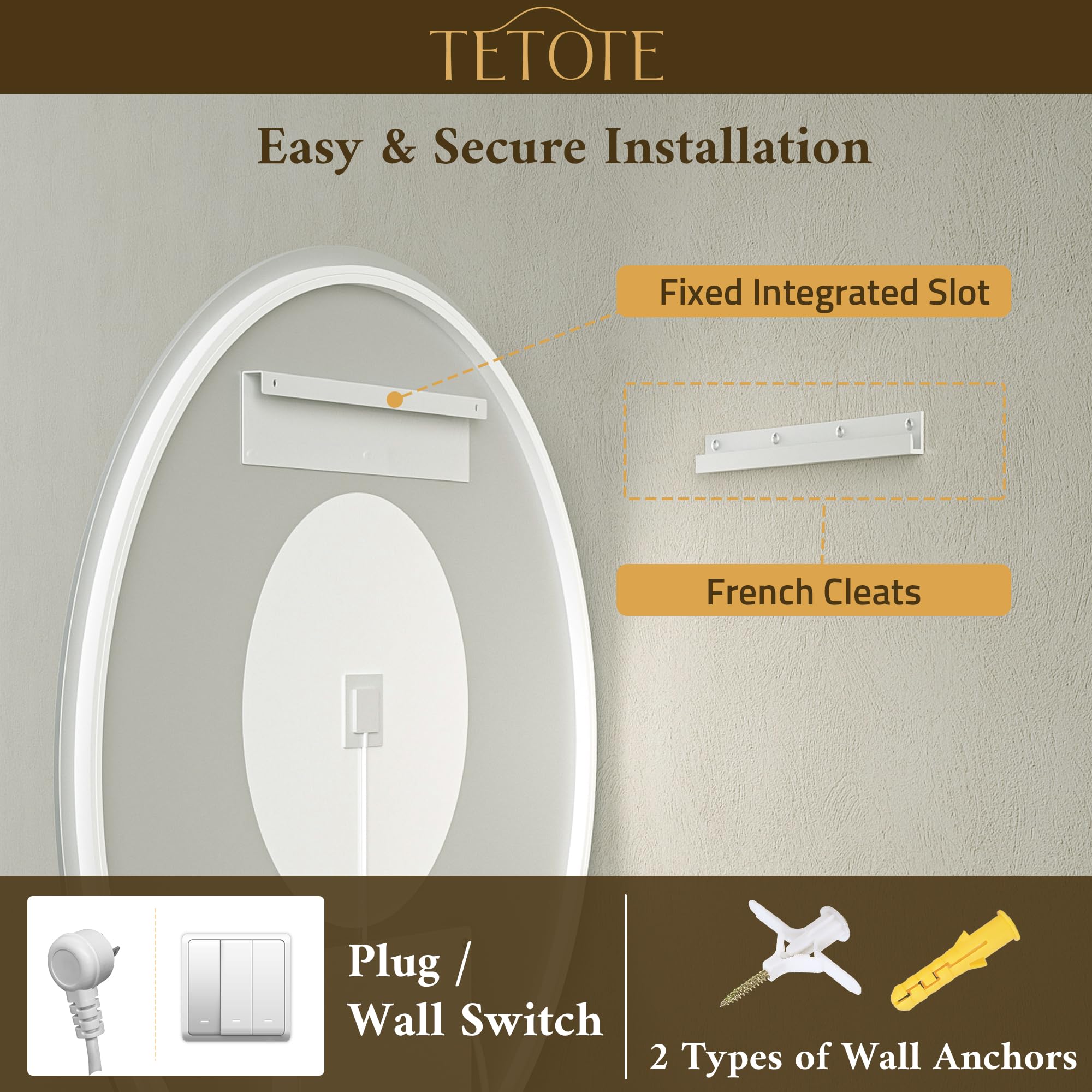 TETOTE Ovaler LED-Spiegel für Badezimmer, 22 x 30 cm, 3 Farben, weiß/warm/natürliche Hintergrundbeleuchtung, dimmbar, beschlagfrei, Kosmetikspiegel mit Lichtern für Make-up, Wandmontage, beleuchteter