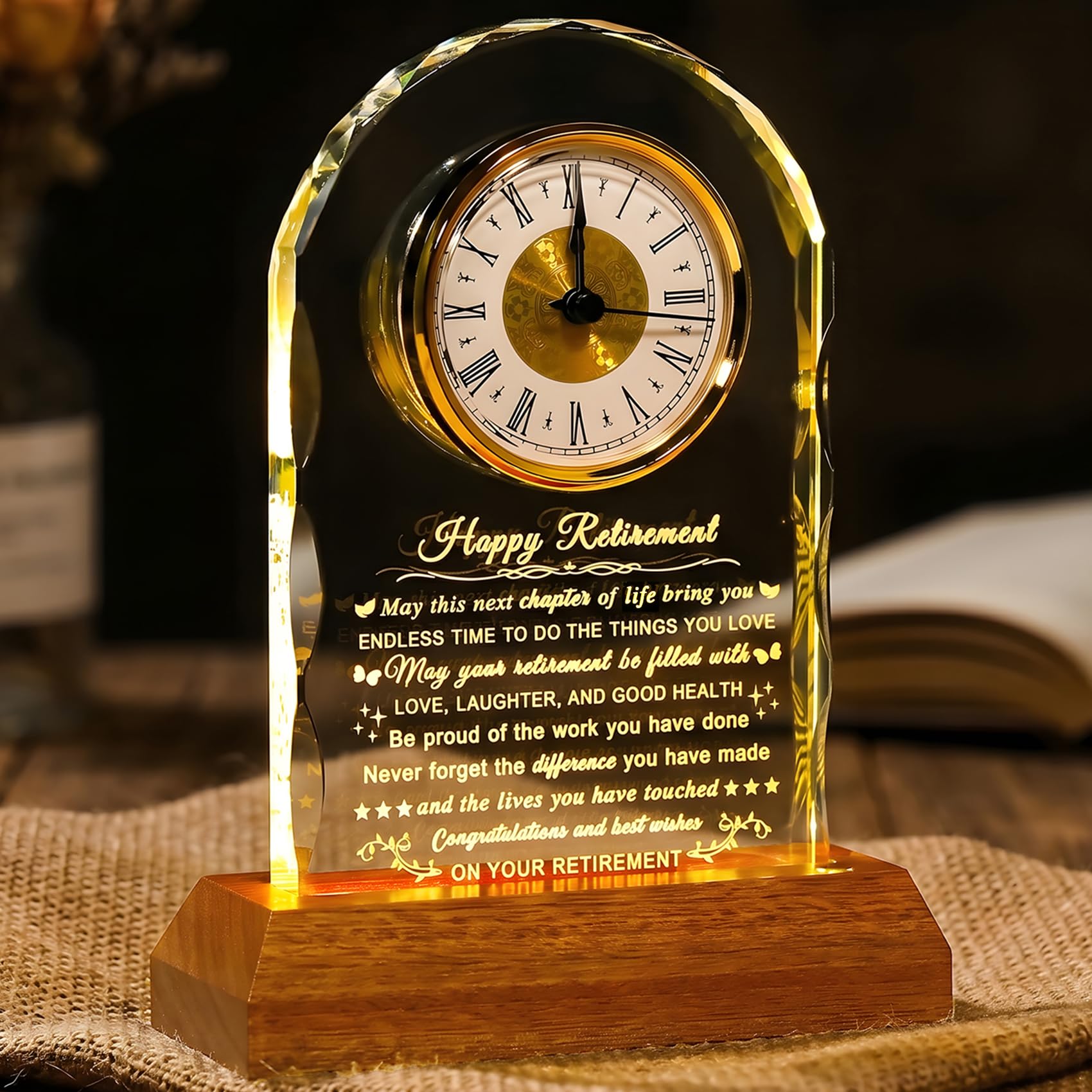 Ornalrist Retirement Gifts for Women Men Clock with LED Wooden Light Base