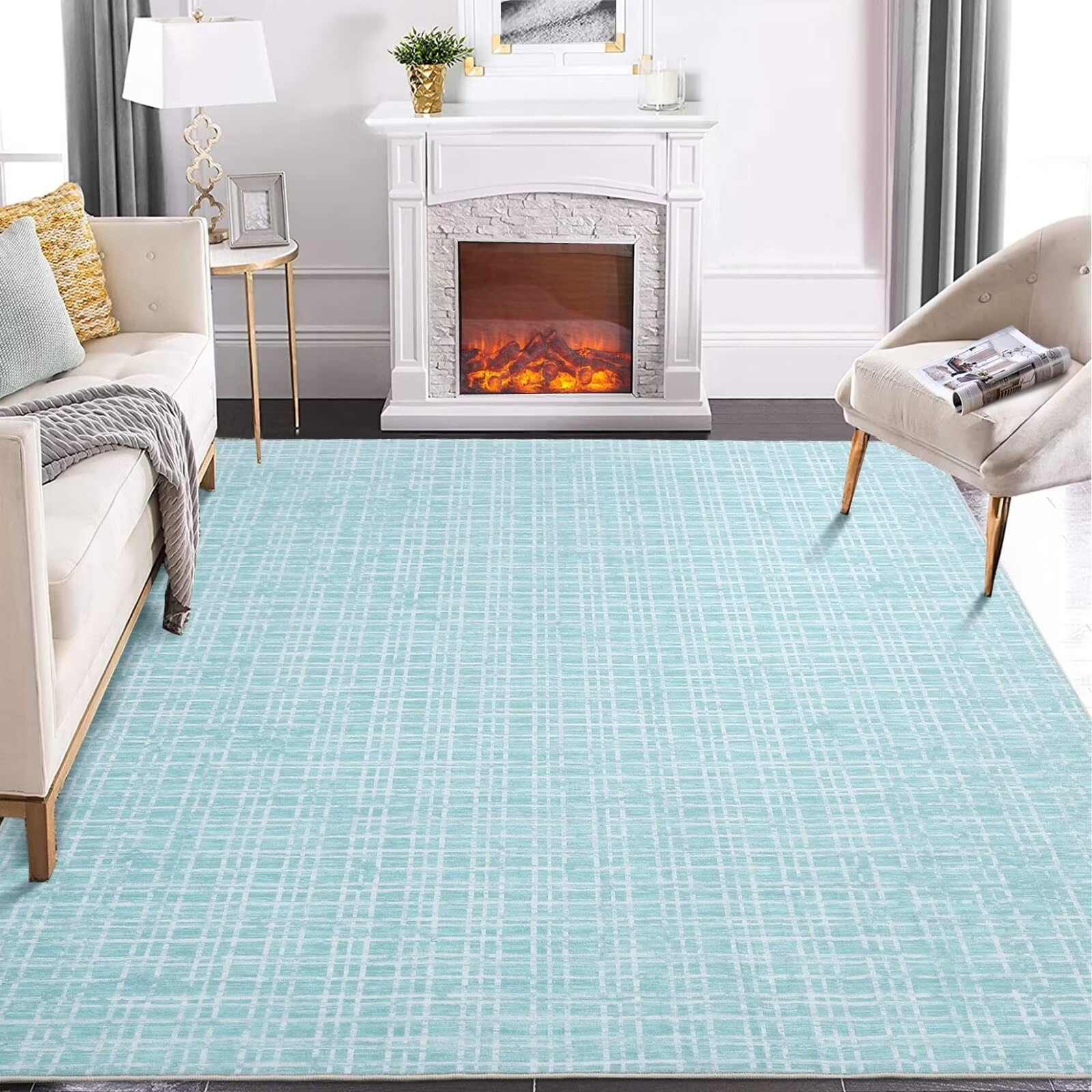GAOMON Washable Rug 10x13 Modern Checkered Living Room Rug Soft Non Slip Throw Carpet Indoor Plaid Print Rug Large Aesthetic Floor Cover Foldable Thin