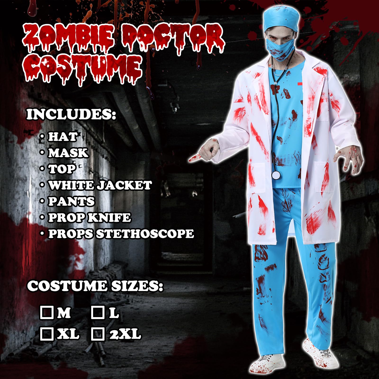 Kostium medyczny zombie dla mężczyzn, zestaw kostium chirurga horror kostium medyczny na Halloween dla mężczyzn w szlafroku, czapka lekarza, maska lekarza, top, spodnie i stetoskop