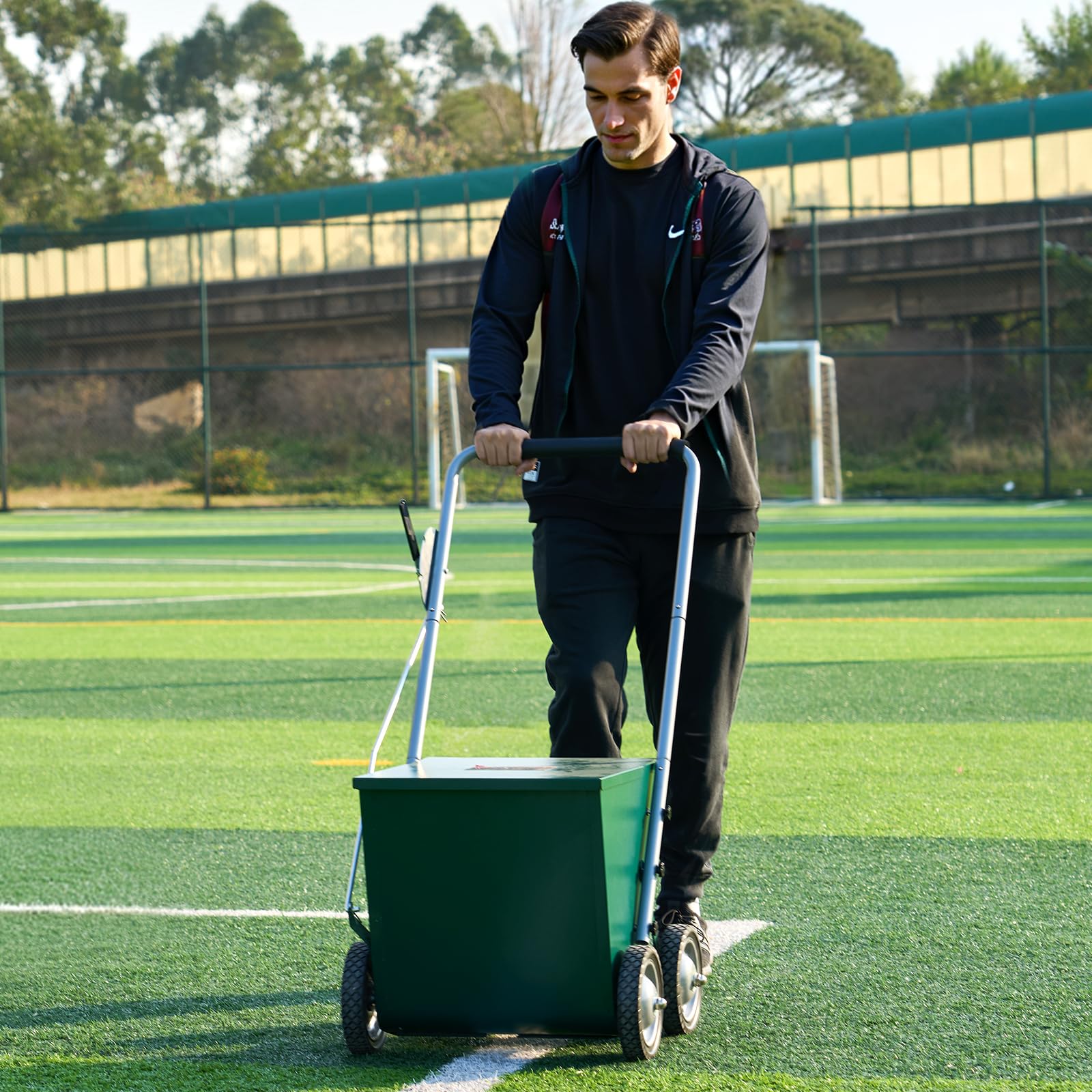 VEVOR Marcador de Línea Seca con 4 Ruedas, Ancho de Raya 50/100 mm, Marcador de Línea Ajustable con Mango de Ajuste de Goma, Capacidad de Polvo Seco de 29,5 kg para Campo de Béisbol y Sóftbol, Verde