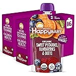 Happy Baby Organics Stage 2 Baby Food Pouches with One Full Serving of Veggies, Nutritious Snack, Clearly Crafted Fruit & Veggie Puree, Sweet Potatoes, Blueberries, & Beets, 4 Ounces