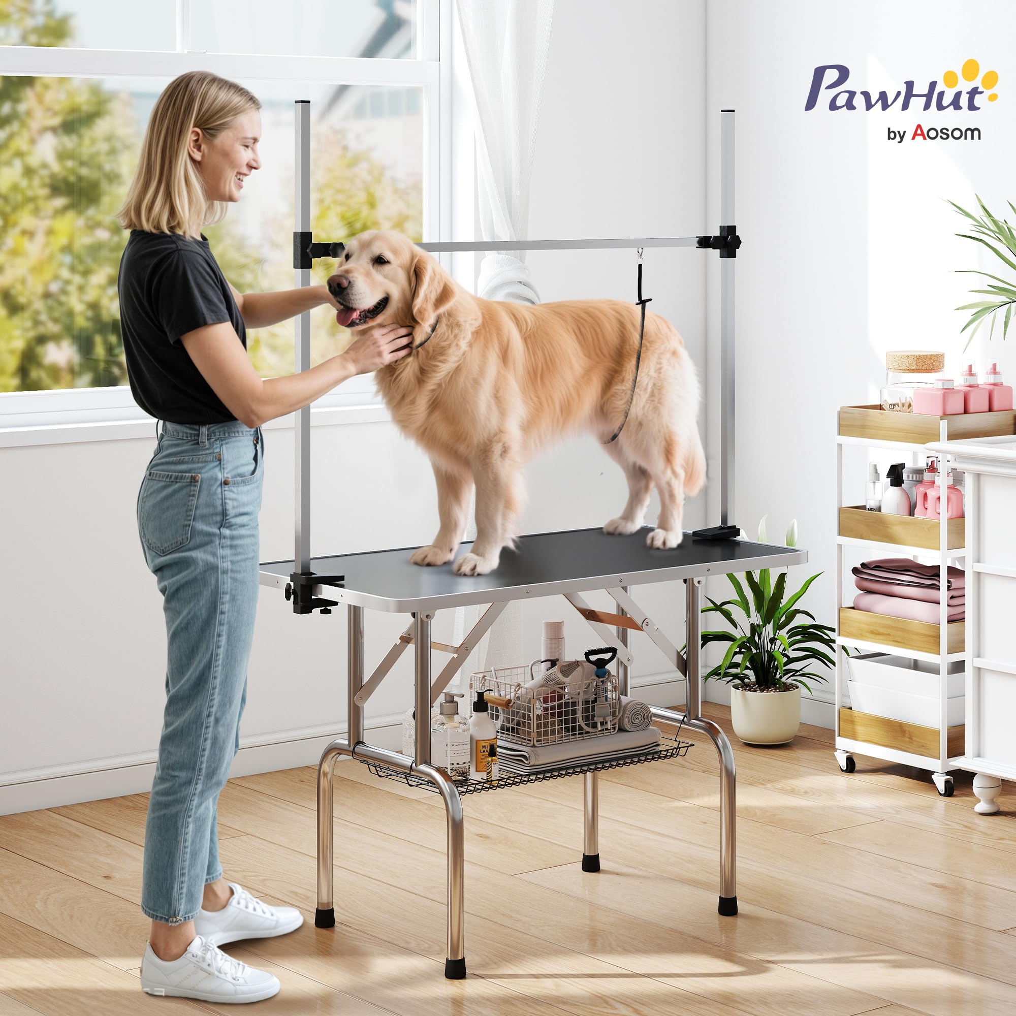 PawHut Tavolo da toelettatura per animali domestici Tavolo da toelettatura pieghevole con portaoggetti Telaio in acciaio Altezza regolabile 20-80 cm 107x60x170 cm Nero