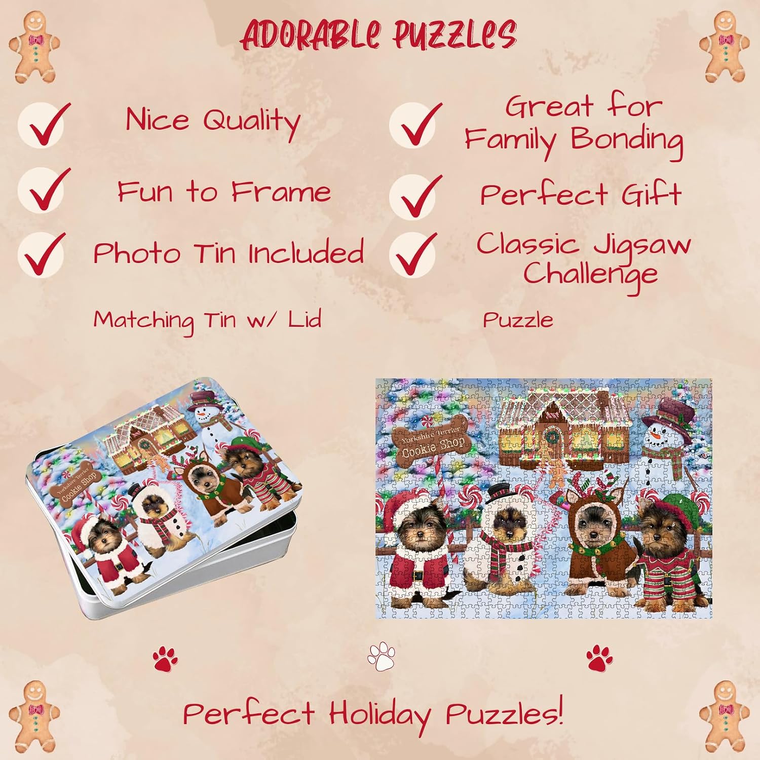 Christmas Gingerbread Cookie Shop Yorkshire Terrier Dogs Jigsaw Puzzle for Adults - Animal Printed Interlocking Puzzle Game Artwork - Gift for Dog Lover's - 1000 Pcs 29.5"x19.7"